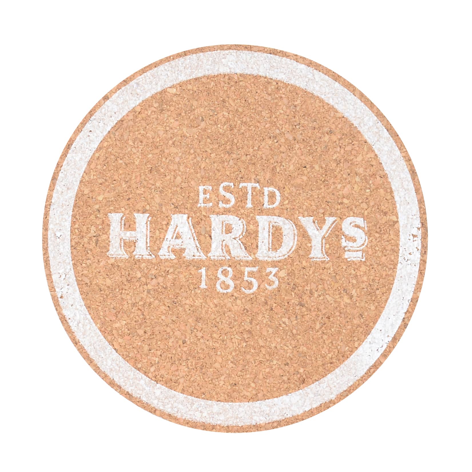 A round eco-friendly cork coaster in natural brown with a white border and brand logo in the centre. Eco Cork Coaster - Image 1