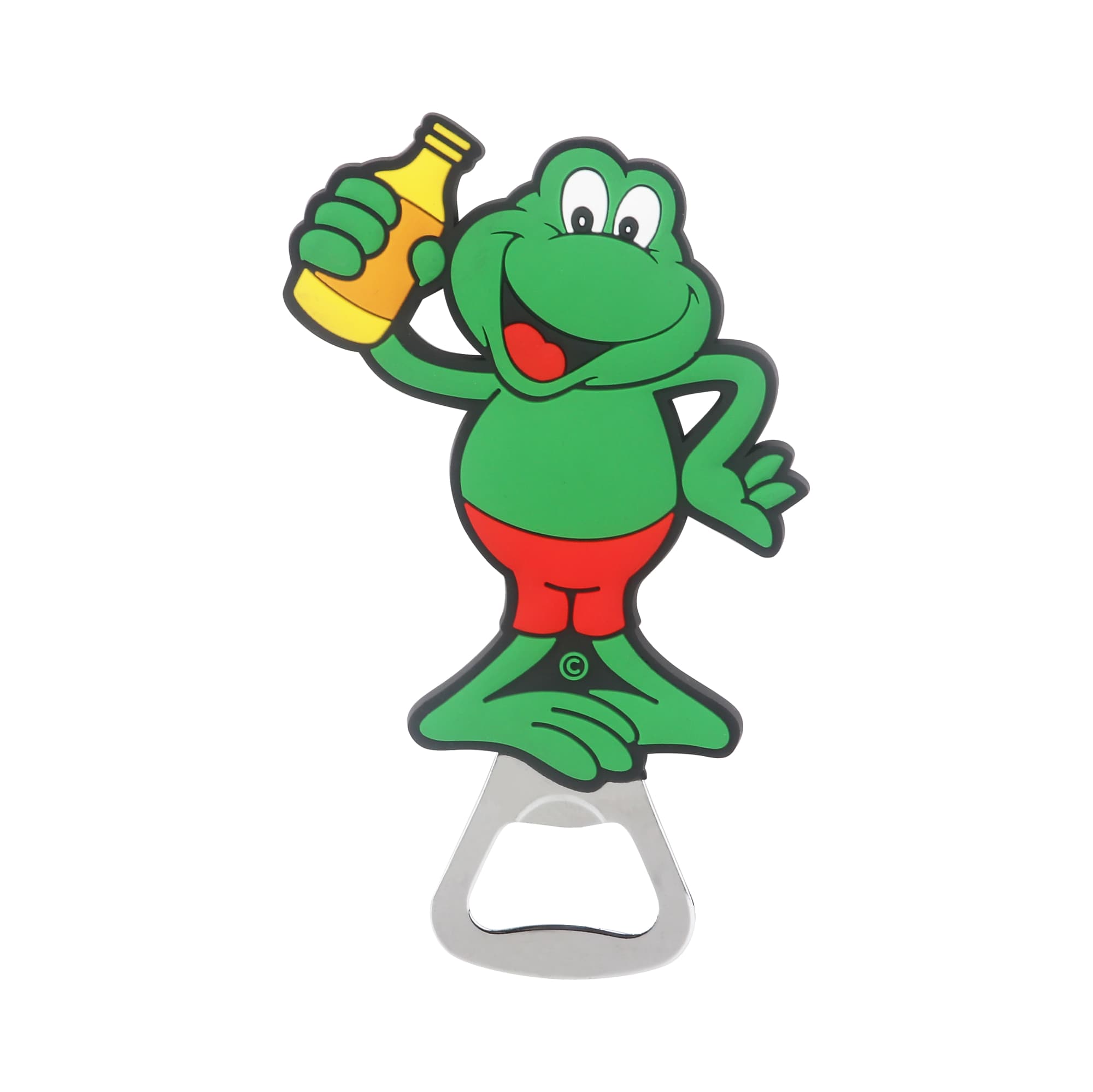 A green, cartoon frog bottle opener holding a yellow drink, with a stainless steel base and a playful design. Custom Shaped PVC Bottle Opener - Image 1