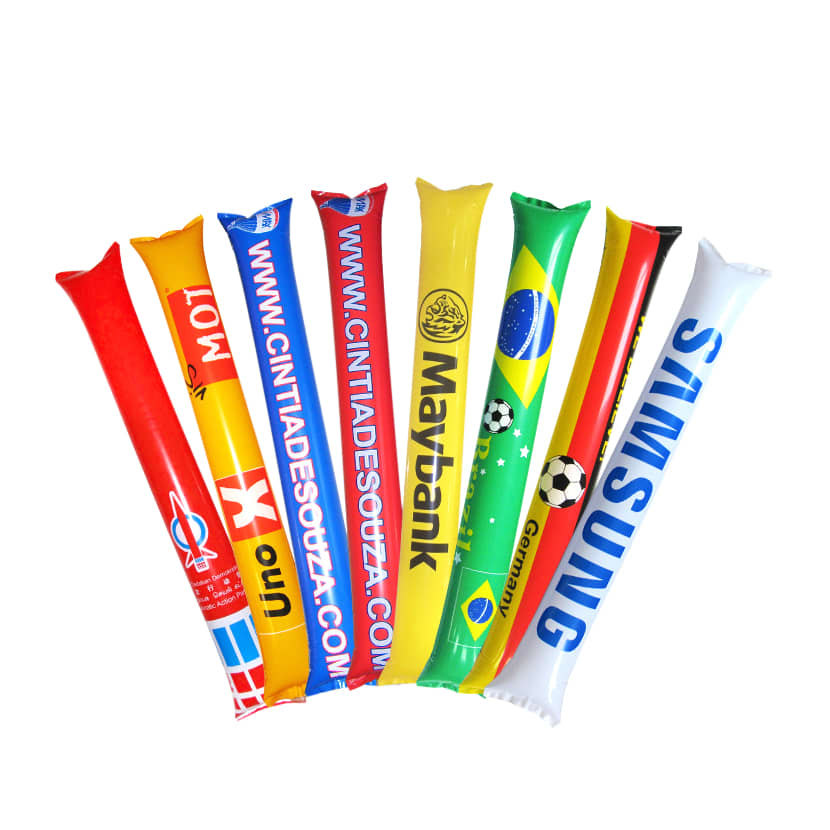 Inflatable Bang Bang Sticks in various colours including red, blue, yellow, and green, with logos on the sticks. Inflatable Bang Bang Sticks - Image 1