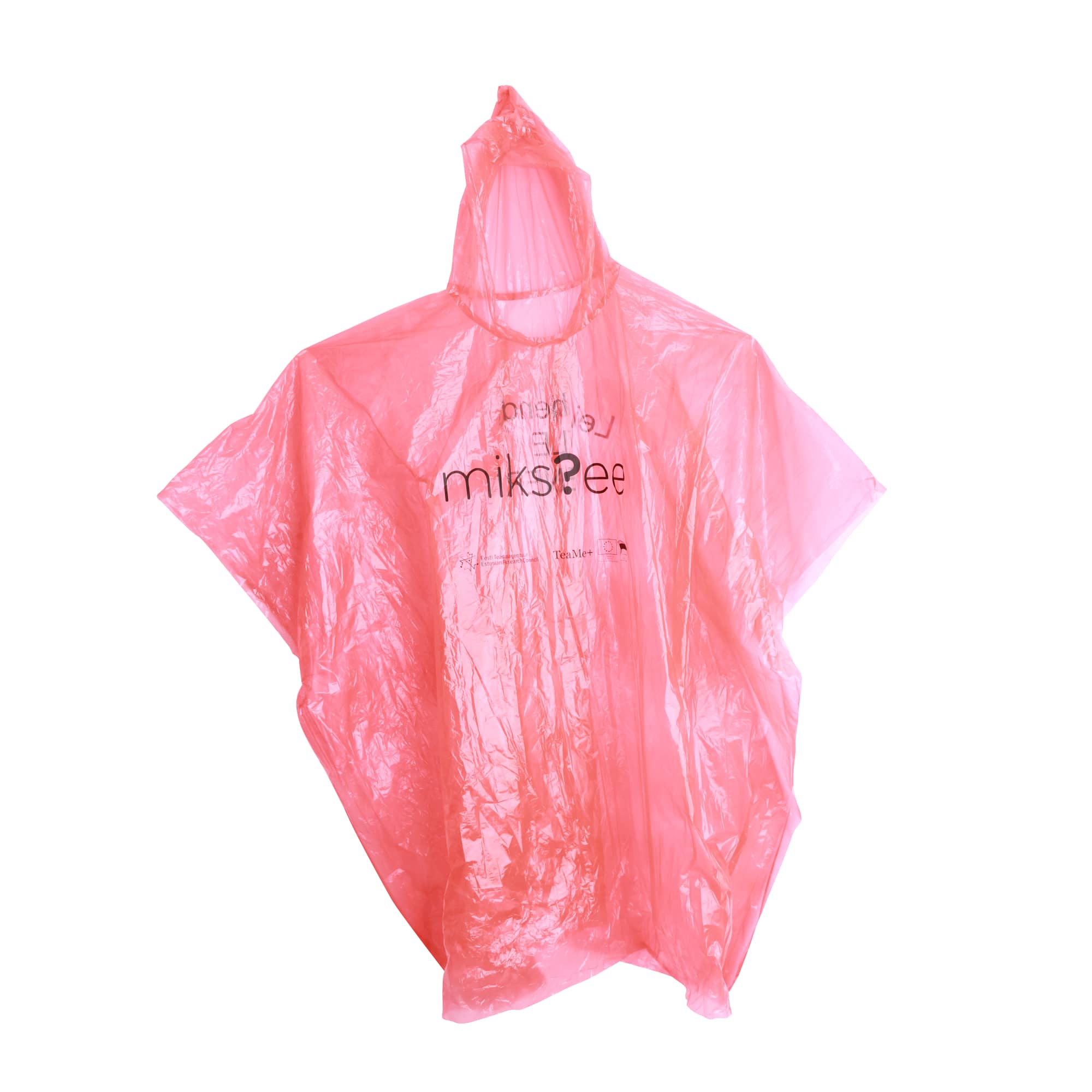 A pink poncho with a hood and a logo, made from waterproof material, hanging against a white background. Handy Poncho - Image 1