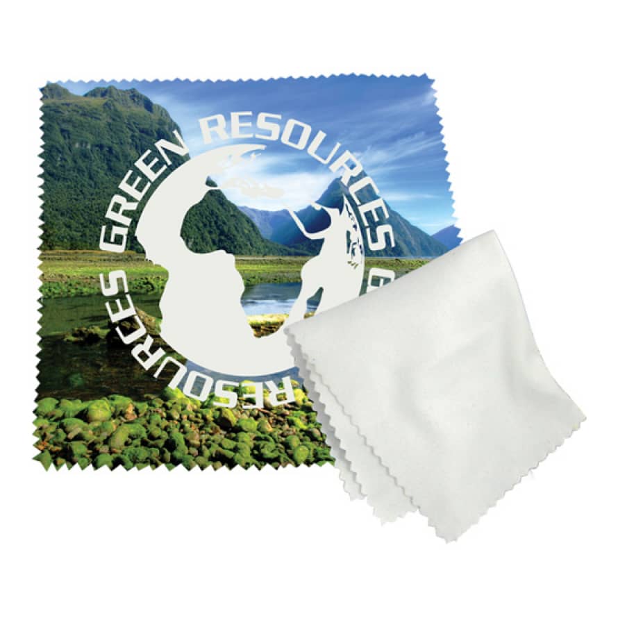 A microfibre lens cloth featuring a nature scene and a white cleaning cloth, both with a logo. Microfibre Lens Cloth - Image 1