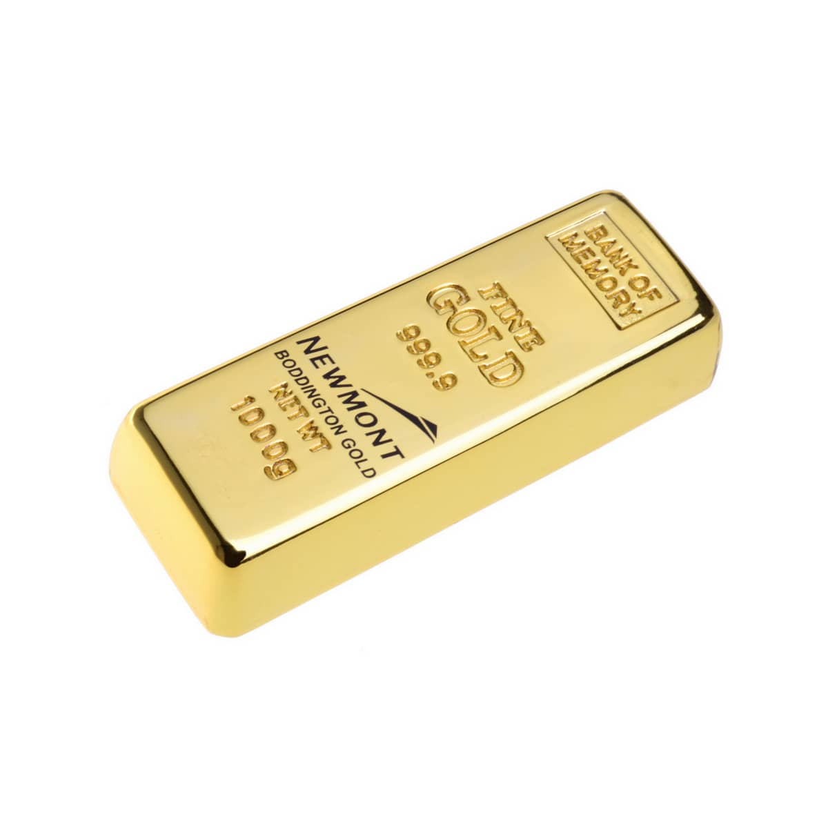 A gold bar-shaped flash drive, shining and smooth, featuring a logo and details embossed on its surface. Gold Bar Flash Drive - Image 1