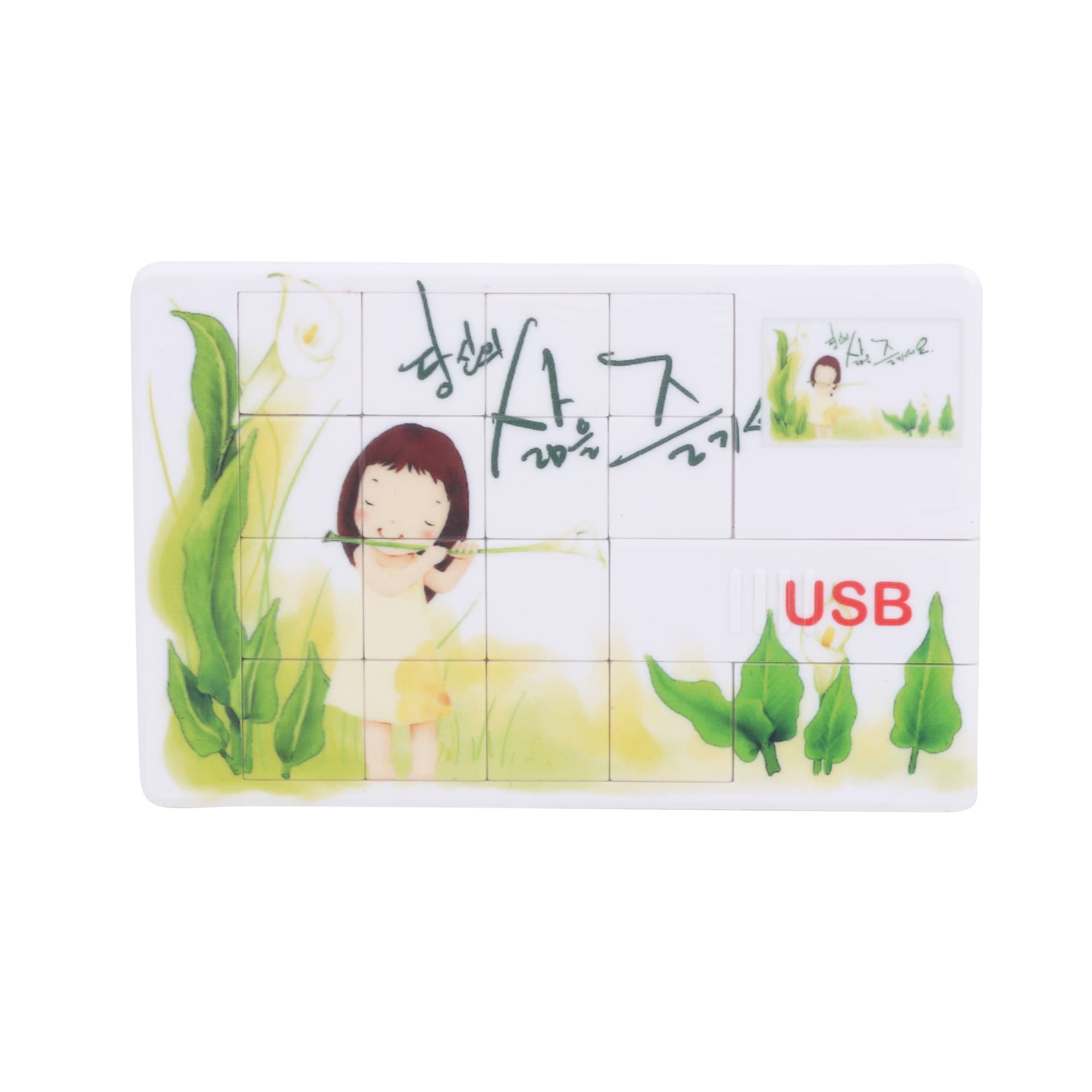 A puzzle-shaped USB flash drive with a colourful design featuring a girl amidst flowers and greenery. Puzzle USB Flash Drive - Image 1