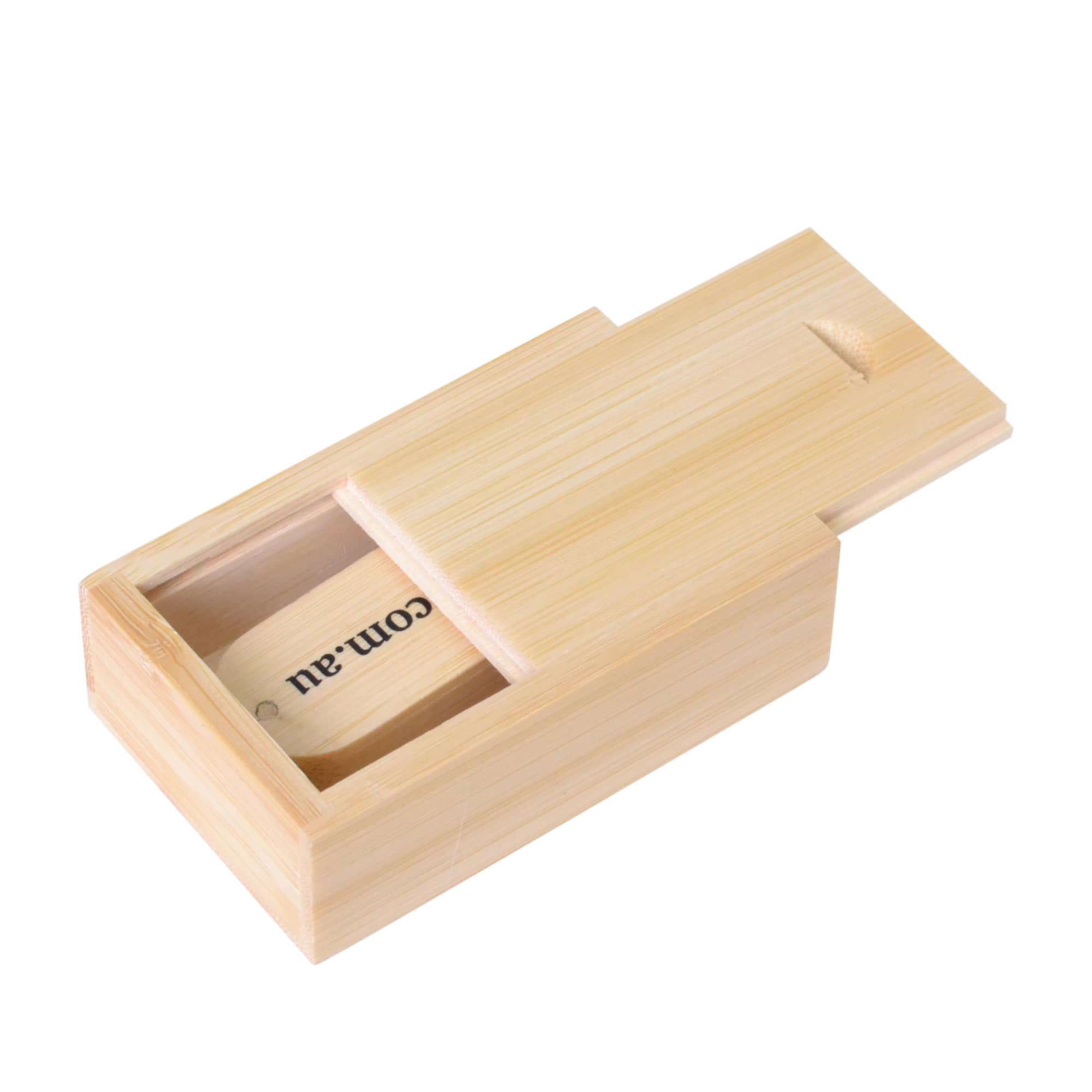 A wooden sliding case featuring a light blonde bamboo finish and a sliding lid. It contains an inner compartment. Wooden Sliding Case - Image 1