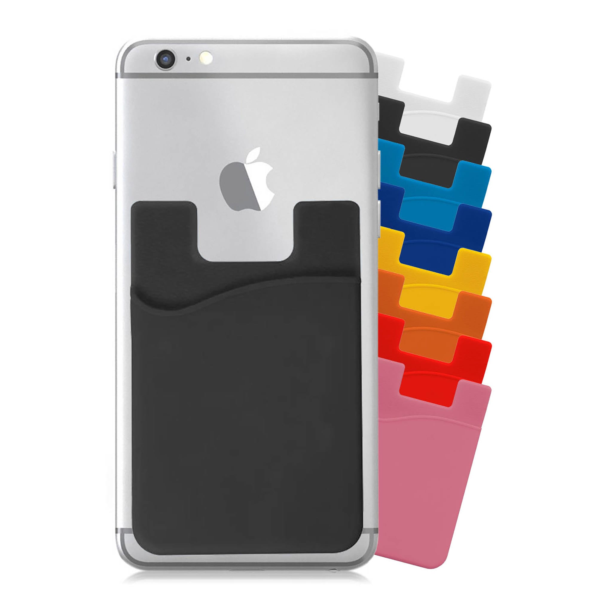 A mobile phone wallet in black, attached to a silver phone, with multiple coloured wallets arranged behind it. Mobile Phone Wallet - Image 1