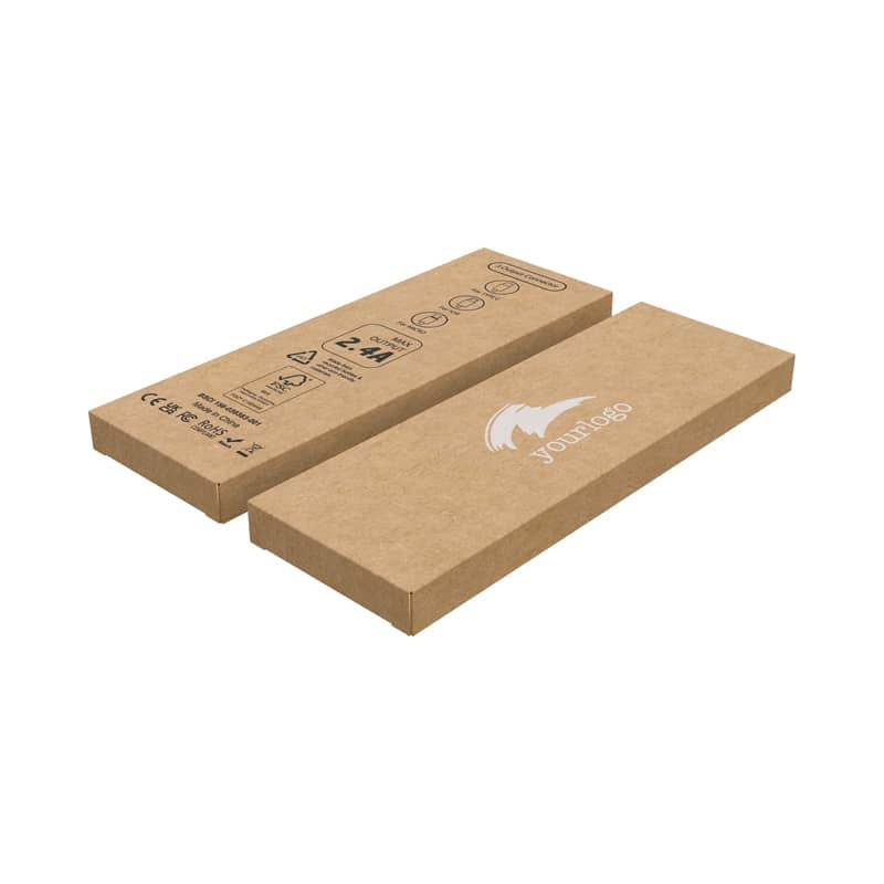 A rectangular recycled kraft tuck box in brown, featuring a logo, measures 170 x 58 x 12 mm. Recycled Kraft Tuck Box with Logo (170 x 58 x 12 mm) - Image 1