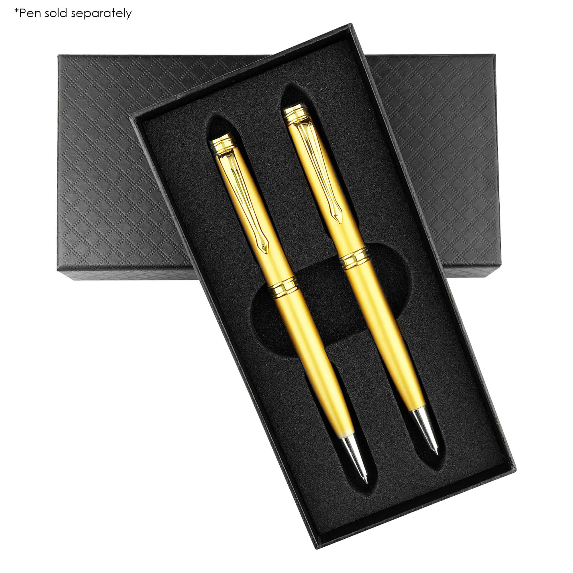 A black rectangular box containing two gold pens, nestled in black foam padding, with a logo on the box. Premium Double Presenter - Image 1