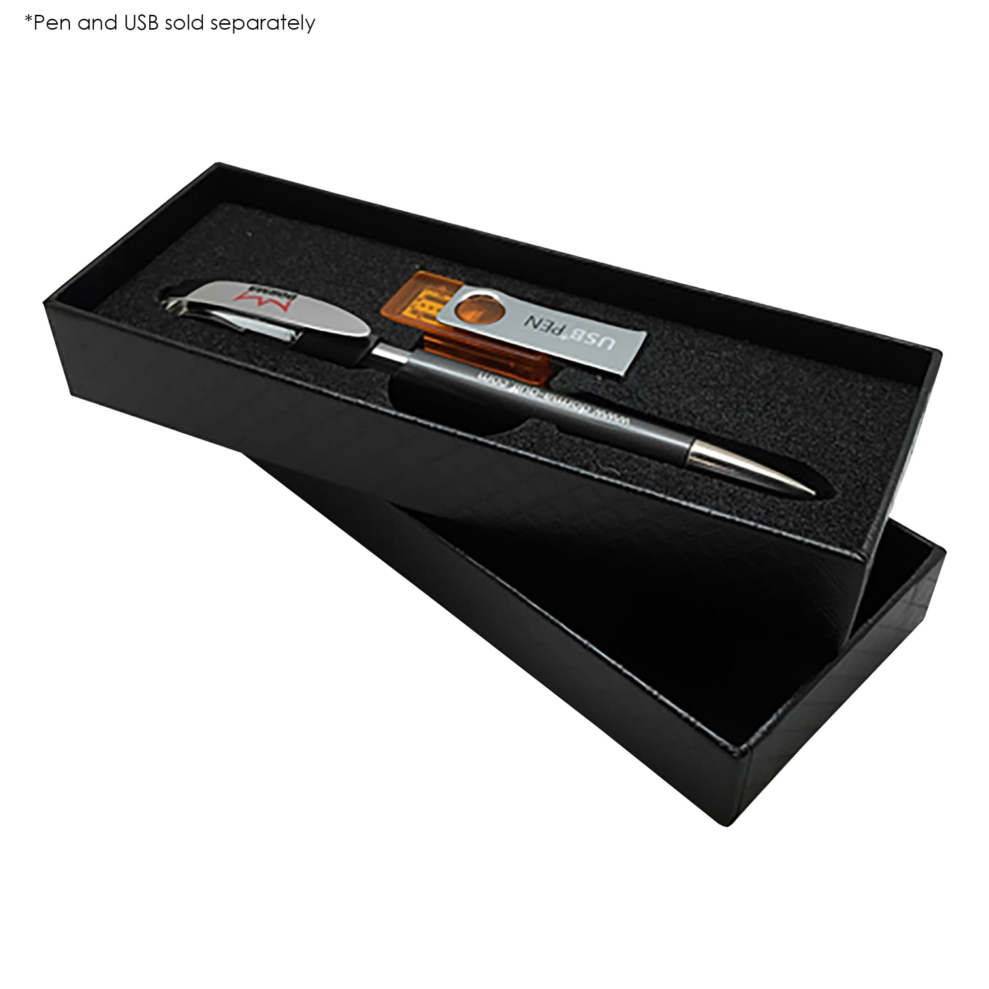 A sleek black gift box containing a premium pen and USB, featuring a logo and elegant presentation. Premium USB Pen Gift Box - Image 1