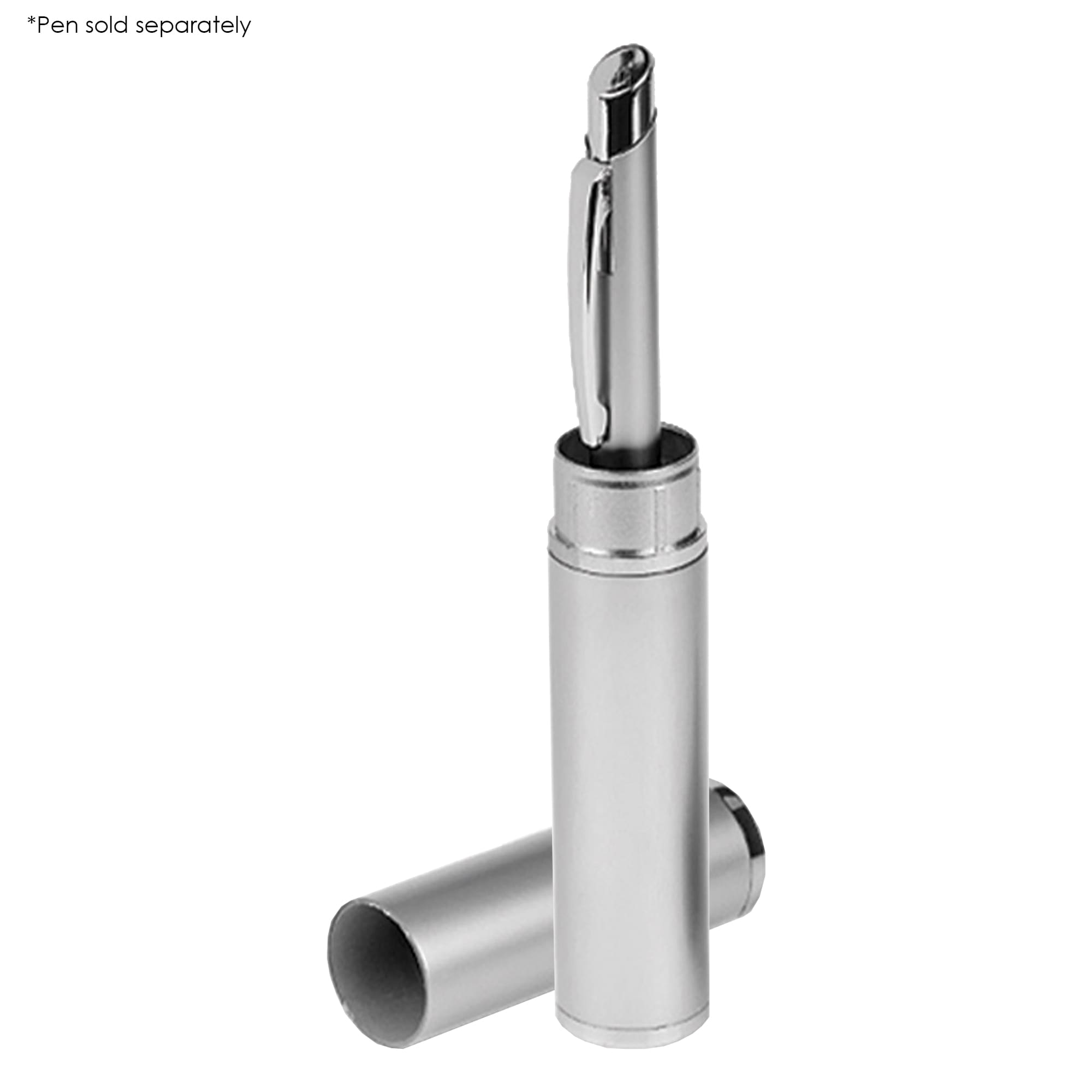 A silver cylindrical pen holder with a sleek design, featuring a pen partially inserted and a branding logo. Cylinder - Image 1
