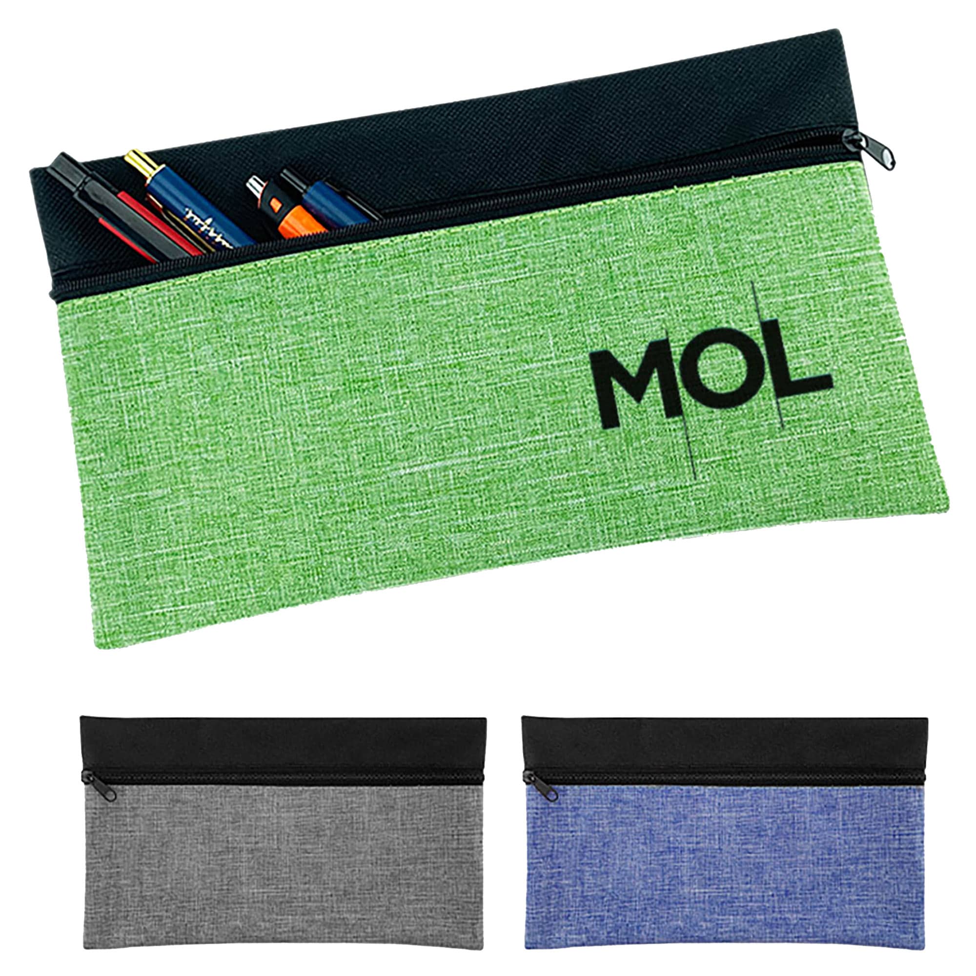 A green pencil case with a black zipper, containing pens and pencils, accompanied by grey and blue versions below. Pencil Case - Image 1