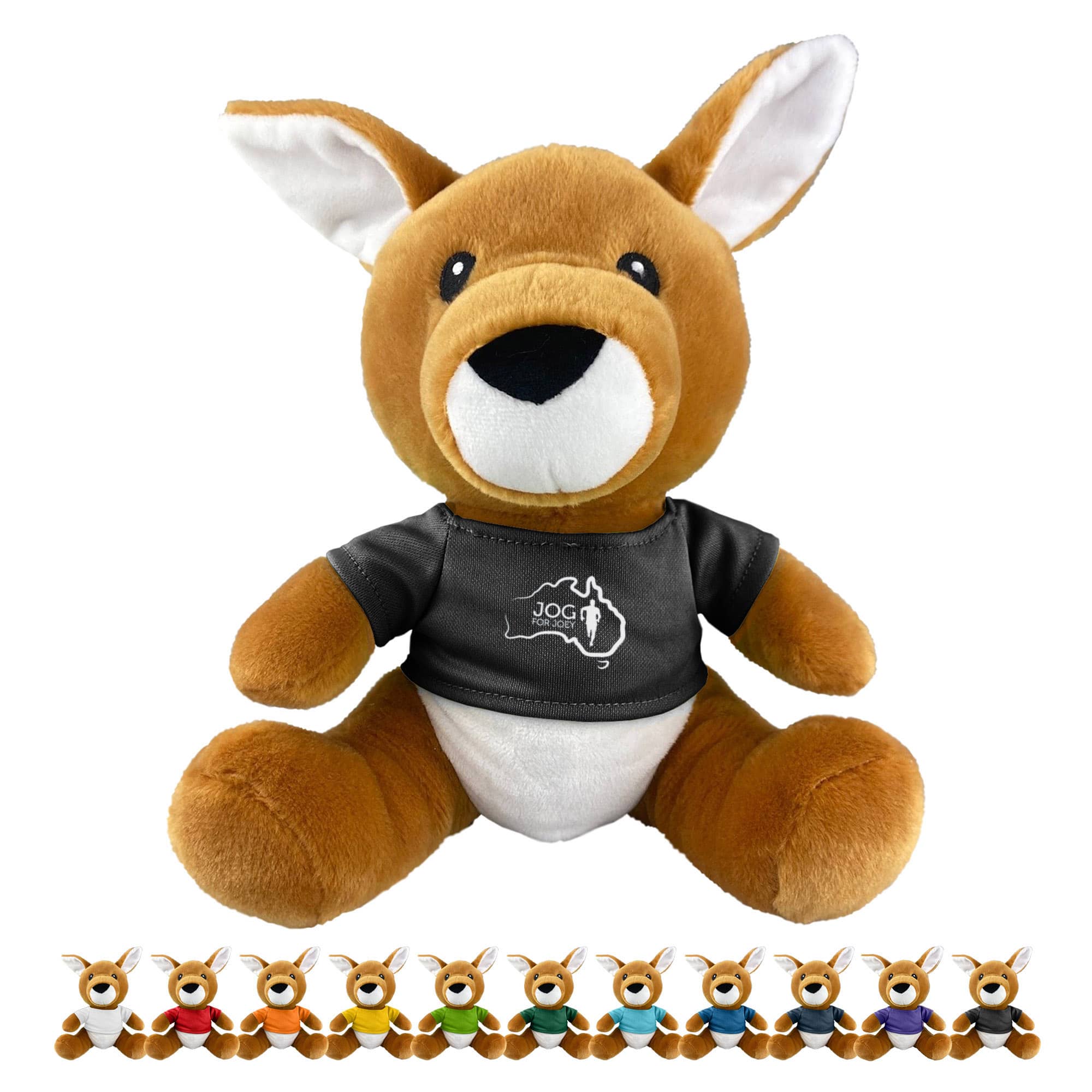 A soft, brown kangaroo plush toy wearing a black T-shirt, featuring large ears and a friendly expression. Kangaroo Plush - Image 1