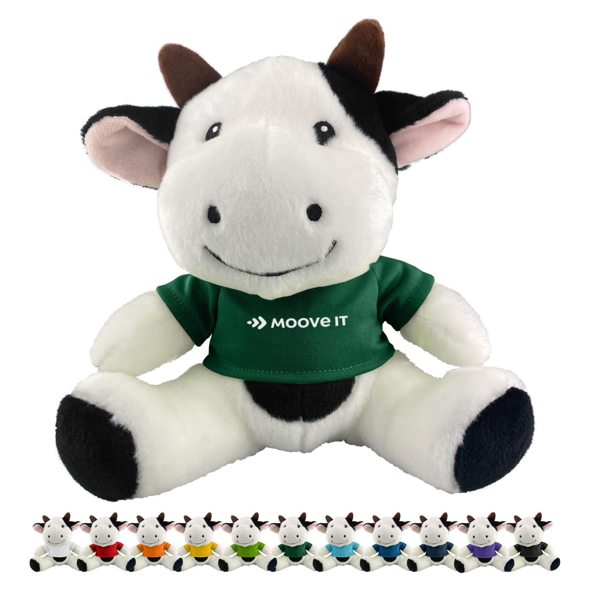 A plush cow toy with black and white fur, wearing a green shirt and featuring a logo. Various small cow figures are in the background. Cow Plush - Image 1