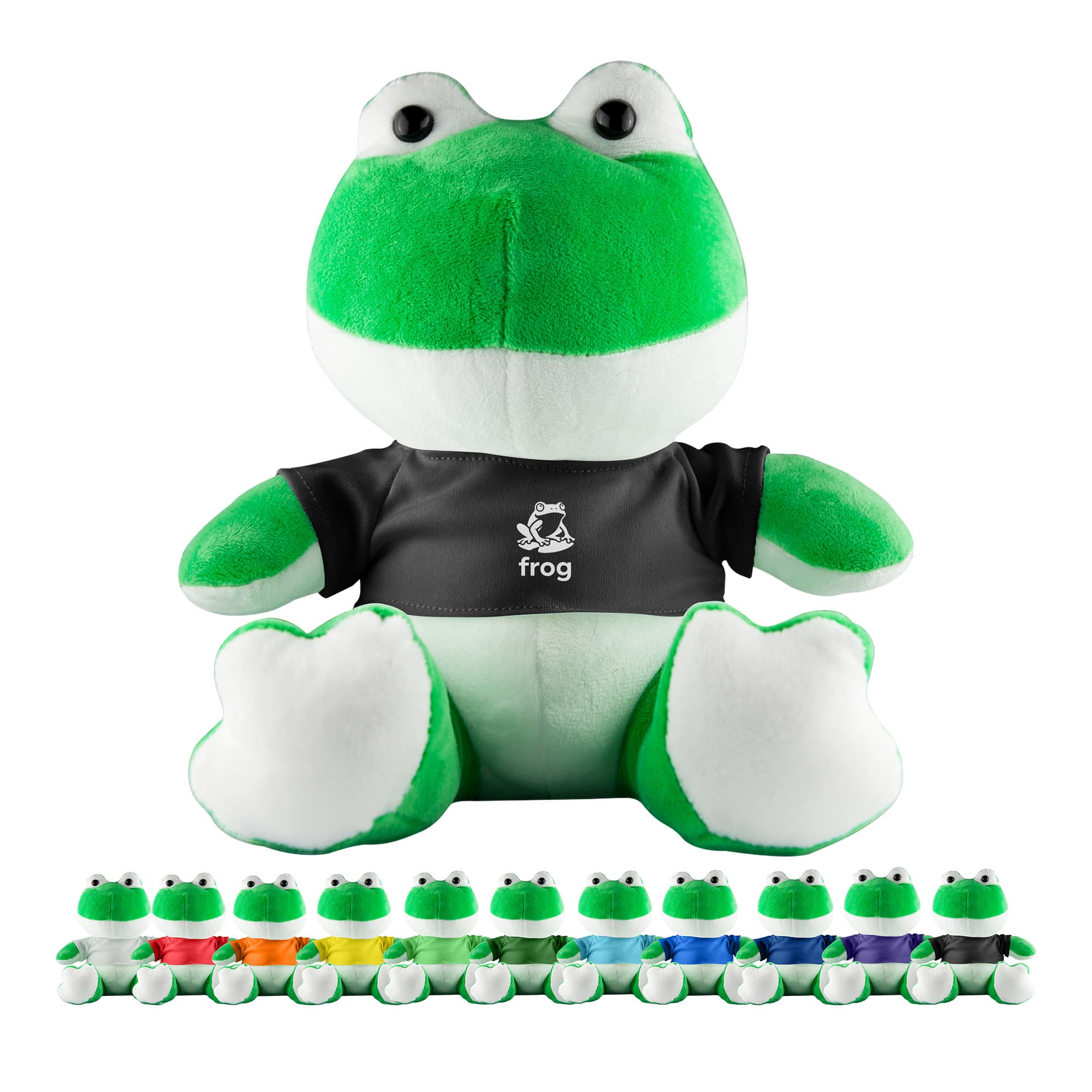 A large green frog plush toy with a black shirt, surrounded by smaller frog plush toys in various colours. Frog Plush - Image 1