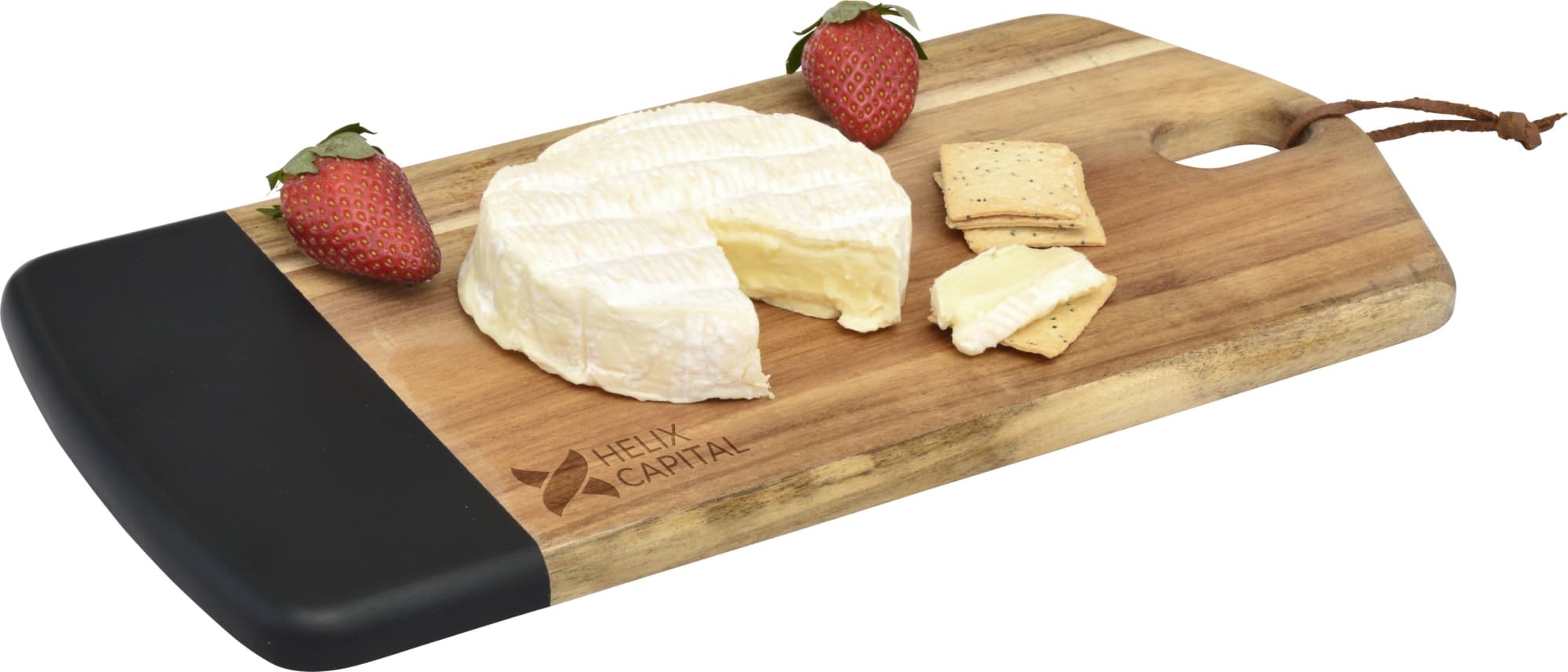 A wooden cheese board with a black edge, featuring brie cheese, crackers, and strawberries. It has a logo. Ploughman - Image 1