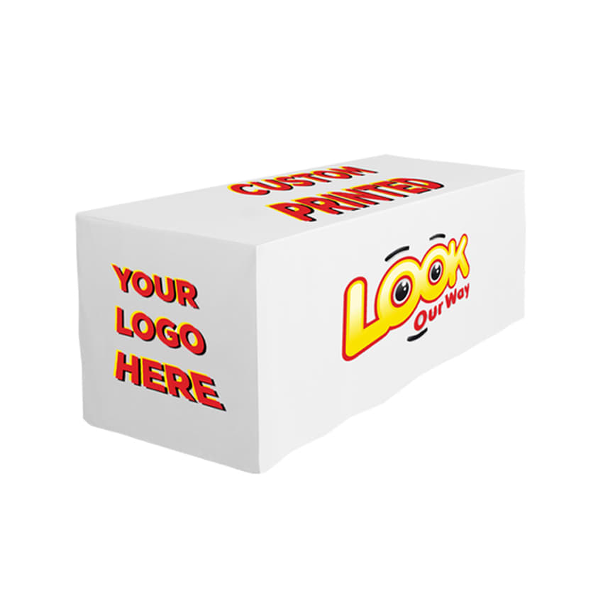 A fitted tablecloth for a 6ft table, predominantly white with vibrant graphics and space for a custom logo. 4-Side Fitted Table Cloth * 6ft - Image 1