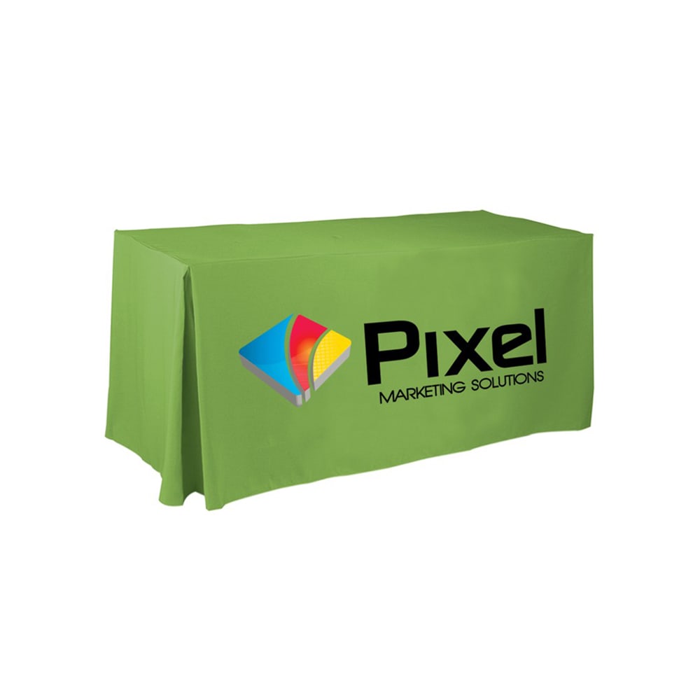 A green 4ft tablecloth with pleats and a logo emblazoned on the front. 4 Side Pleated Table Cloth * 4ft - Image 1