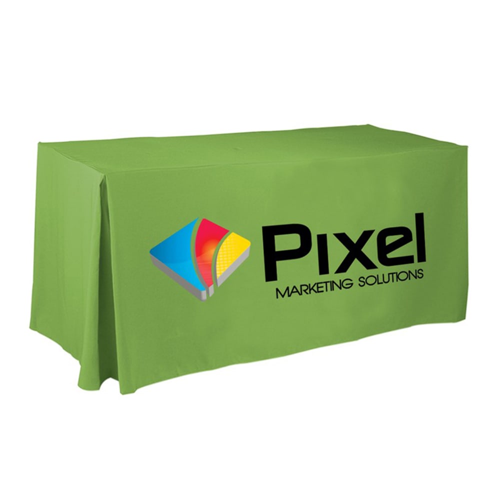 A green 4 side pleated tablecloth for a 6ft table, featuring a logo on one side. 4 Side Pleated Table Cloth * 6ft - Image 1