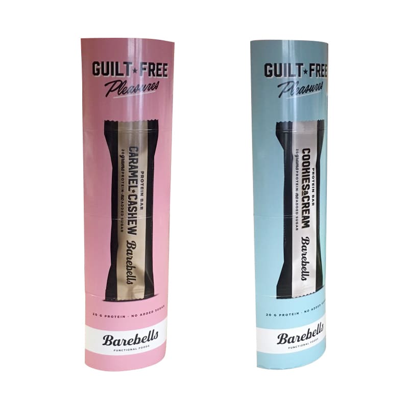 Two cylindrical cardboard displays in pink and blue, featuring a logo, showcasing snack bars inside. Quick Assembly Totem Cardboard Display - Image 1