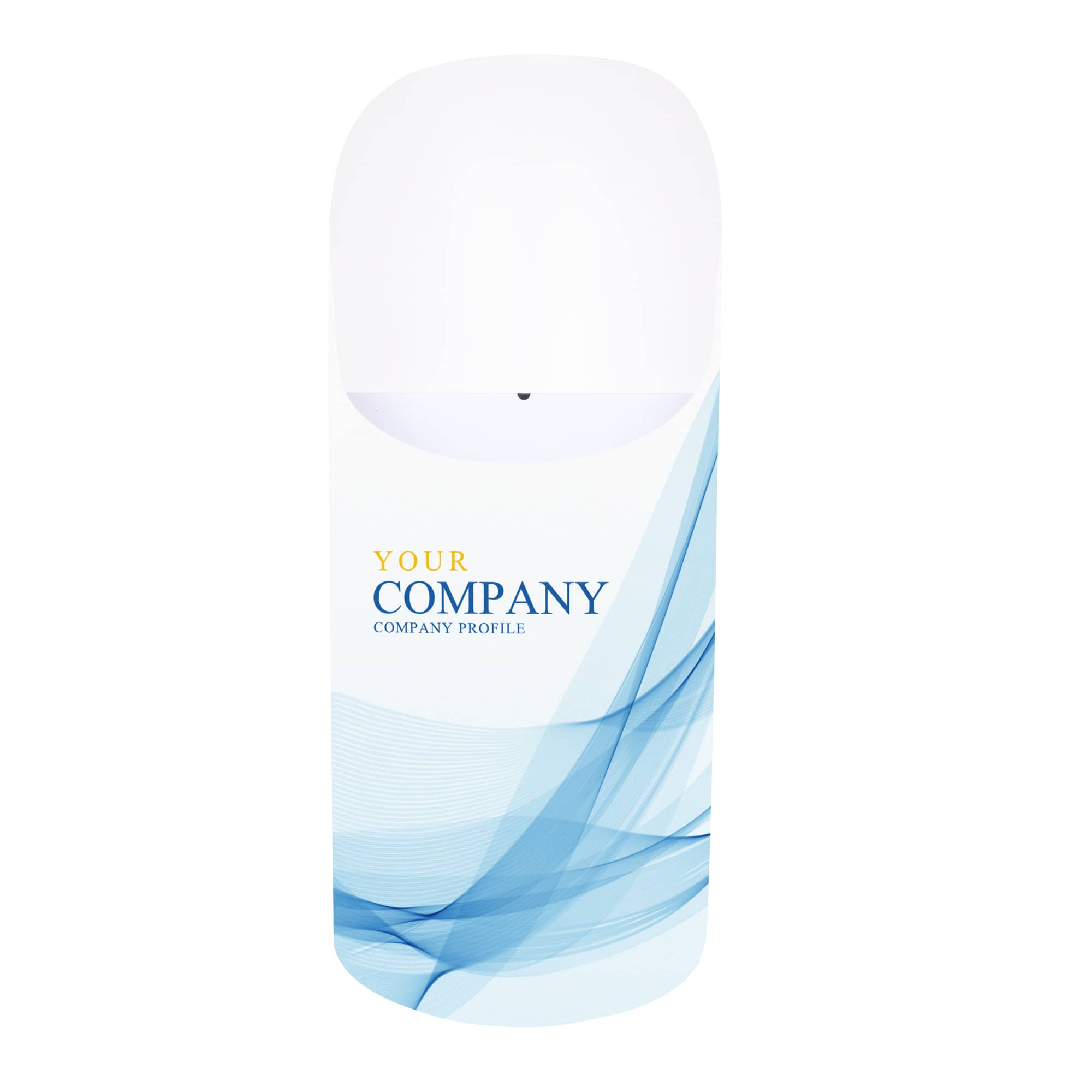 A cylindrical product display in blue and white with a smooth finish and a logo on the front. Quick Assembly Dump Bin Cardboard Display - Image 1