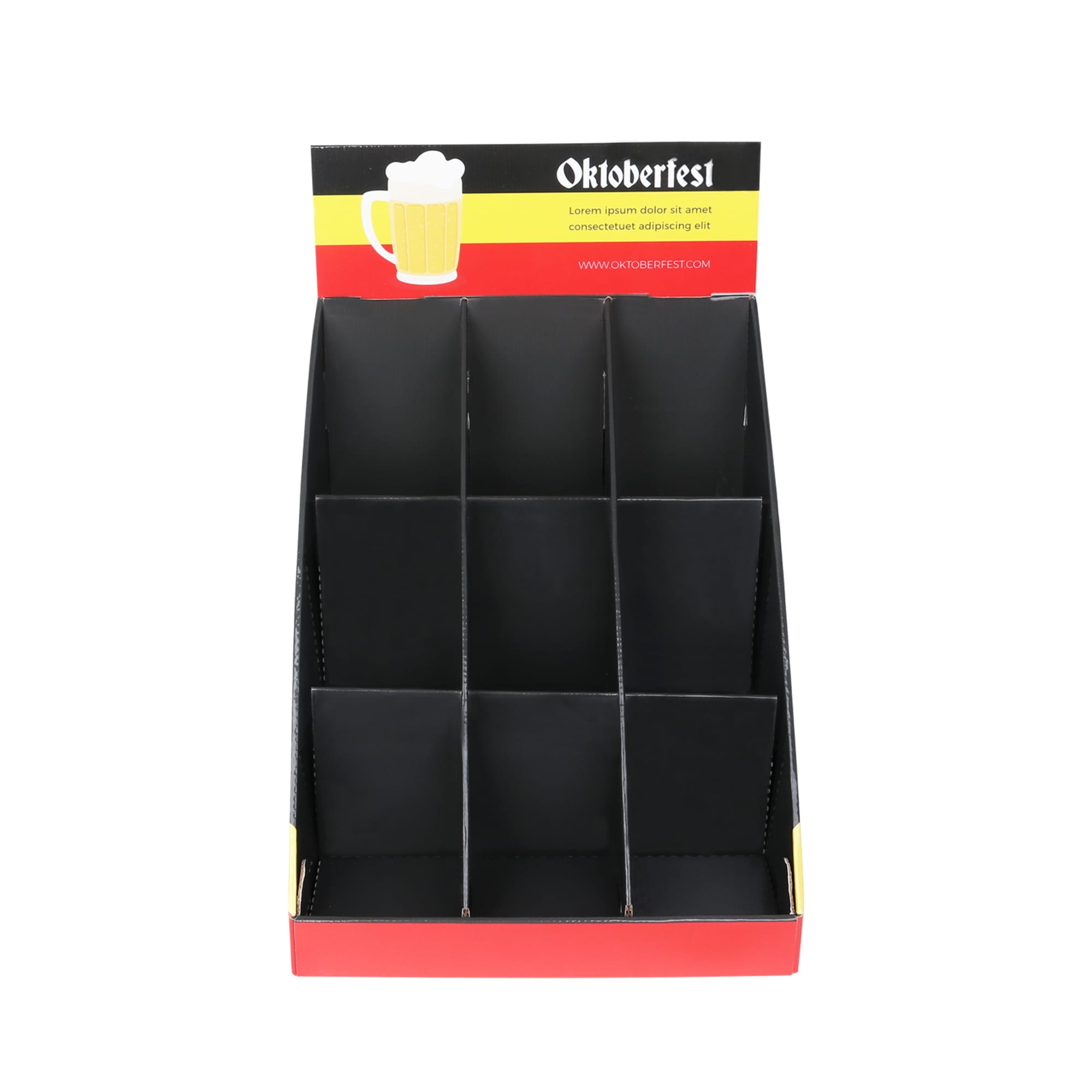 A black and red counter display with nine pockets for holding products, featuring a logo at the top. 9 Pockets Counter Display - Image 1