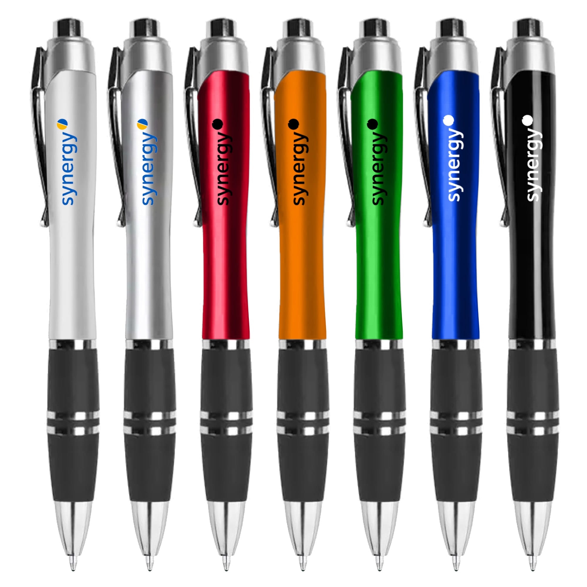 A set of plastic pens in silver, red, orange, green, blue, and black, featuring a logo on each. Vixen - Image 1
