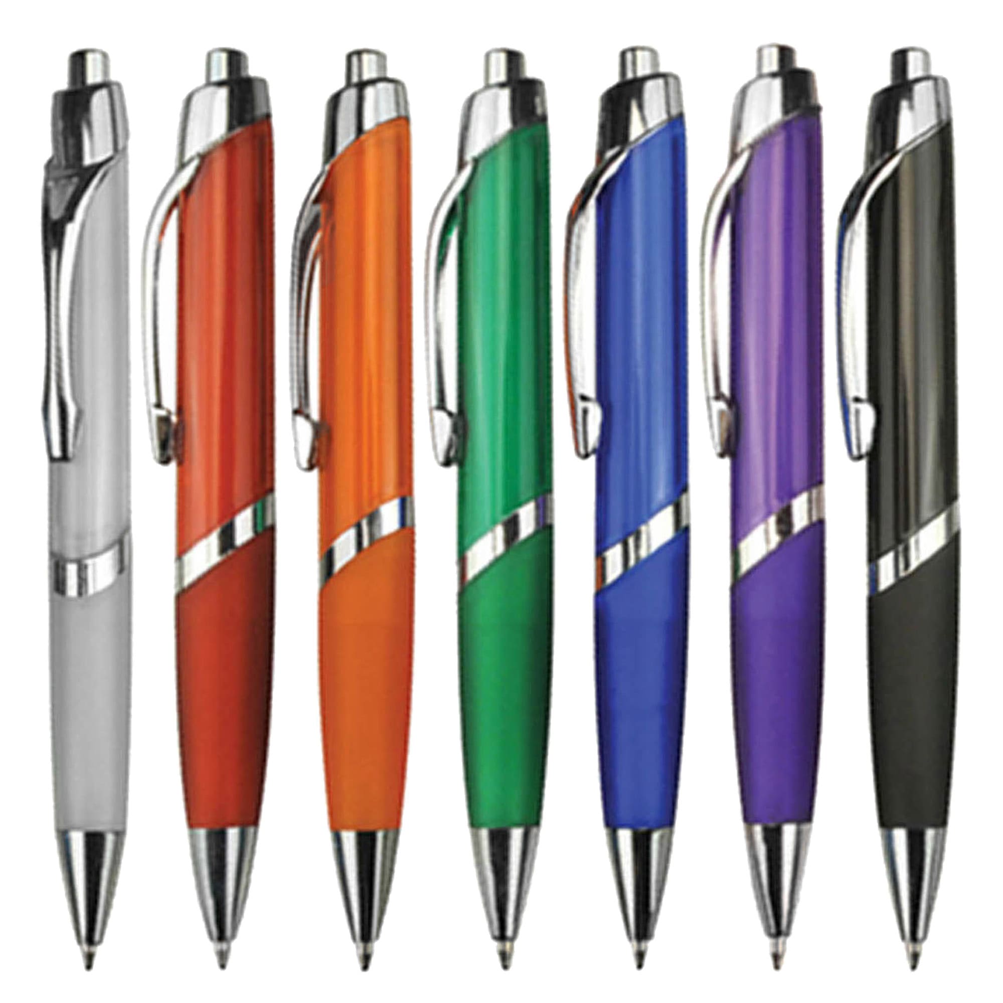 A collection of plastic pens in white, orange, green, blue, purple, and grey, each featuring a silver clip and branding. Mist - Image 1