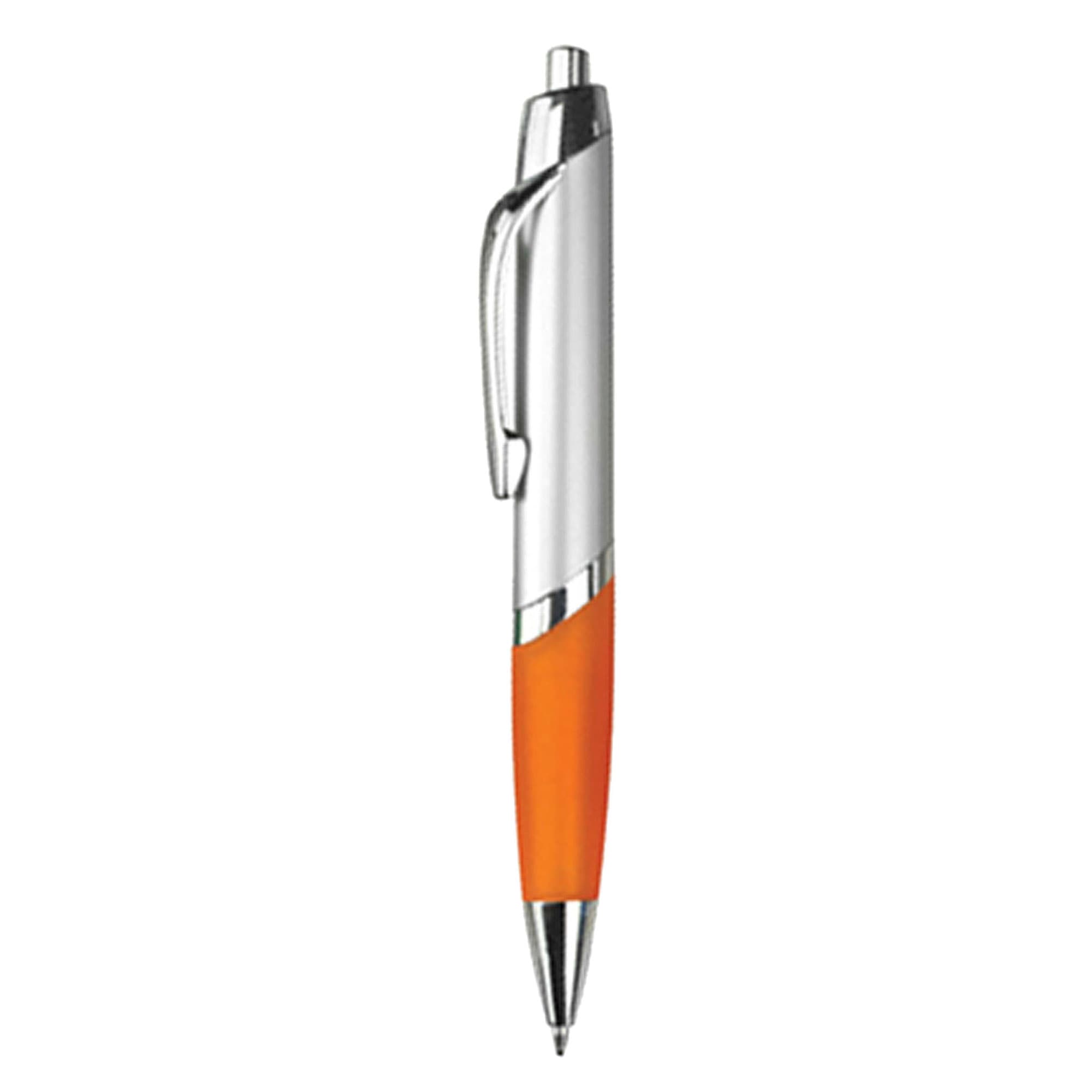 A plastic pen with a silver body and an orange grip, featuring a clip and a ballpoint tip. IQ - Image 1
