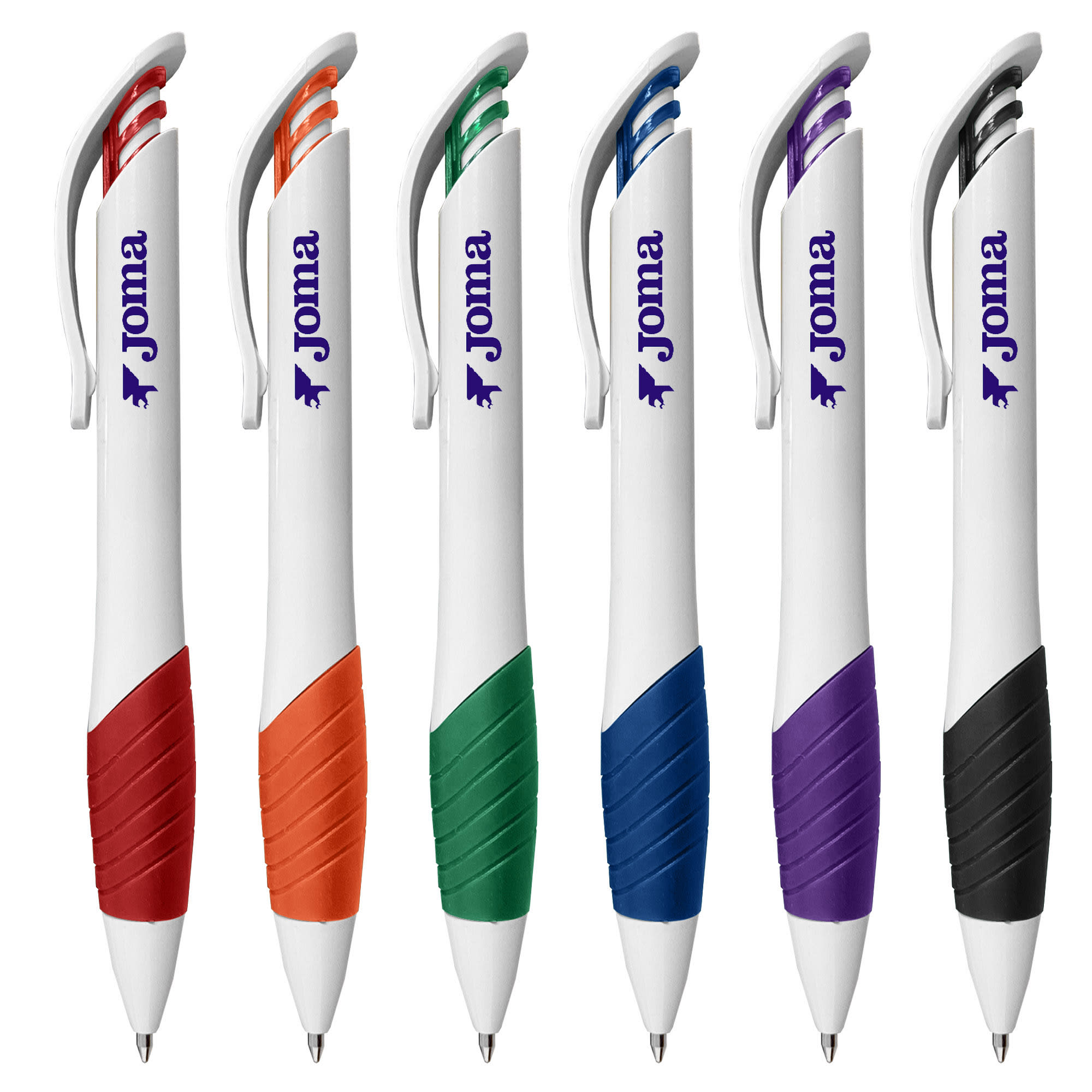A set of plastic pens in various colours: orange, green, black, purple, and blue, featuring a logo. Style - Image 1