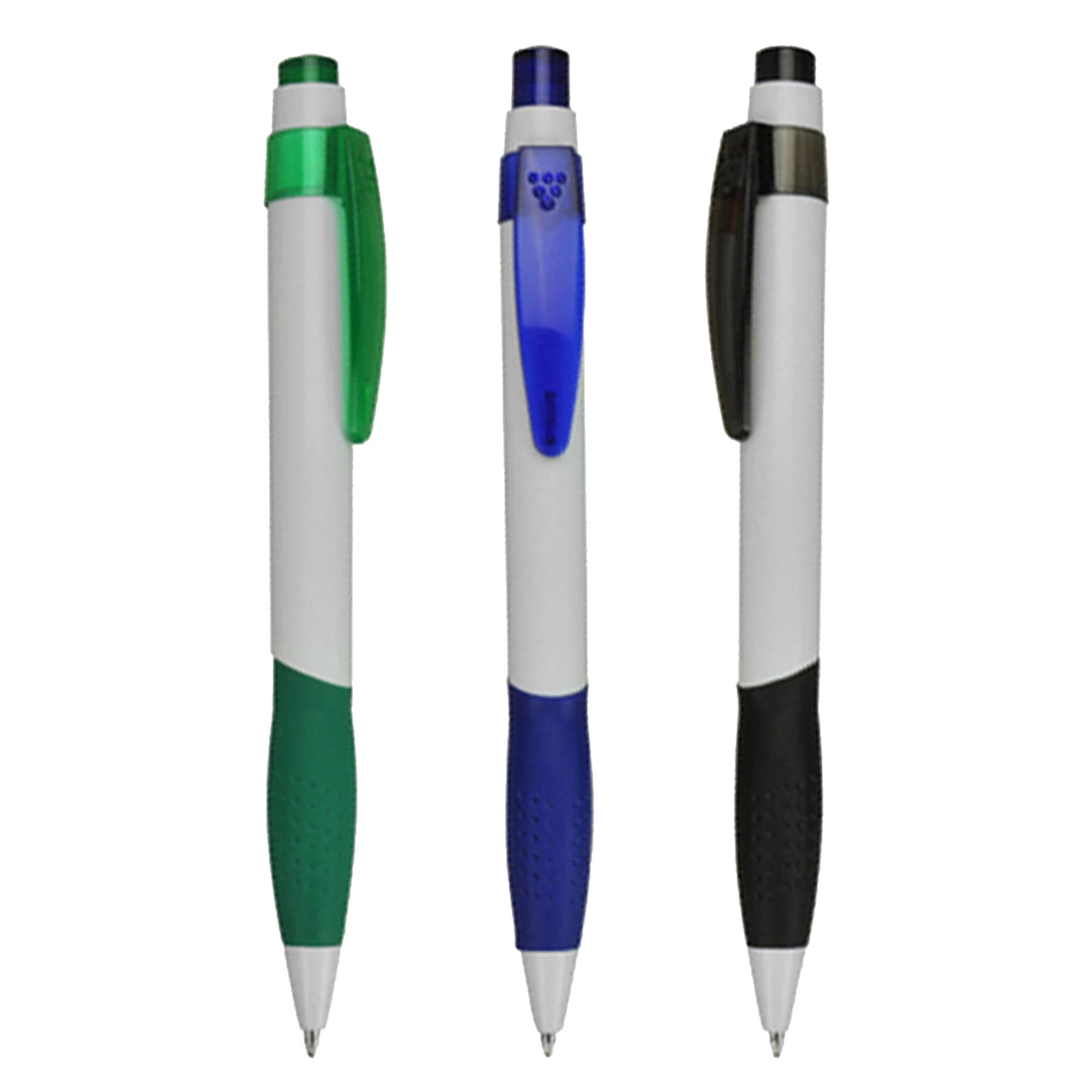 Three plastic pens in green, blue, and black with white grips and clips, featuring logos on the bodies. Grip - Image 1