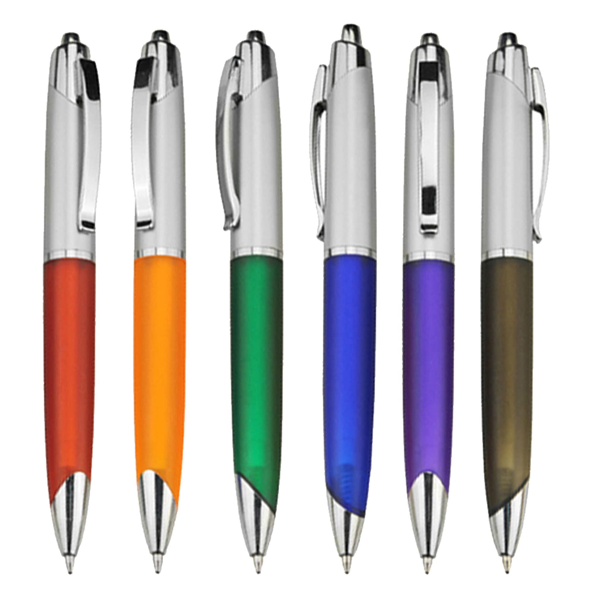A collection of six plastic pens in red, orange, green, blue, purple, and brown, featuring silver accents and clips. Sonnet Due - Image 1