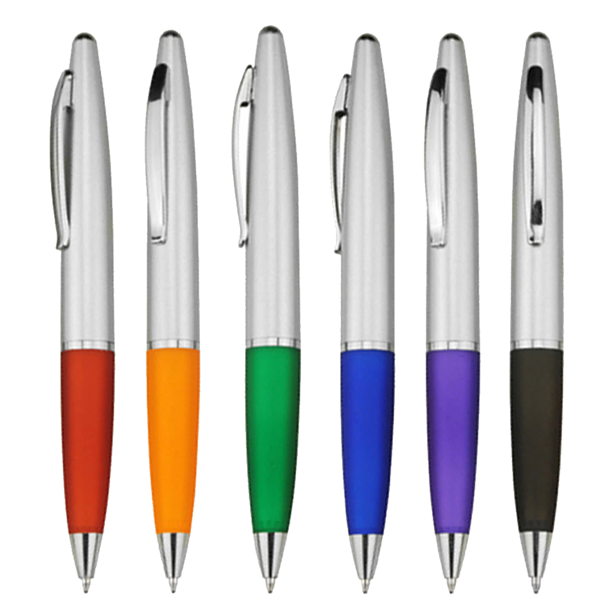 A collection of six plastic pens with silver accents and coloured grips in red, orange, green, purple, and black. Cameo - Image 1