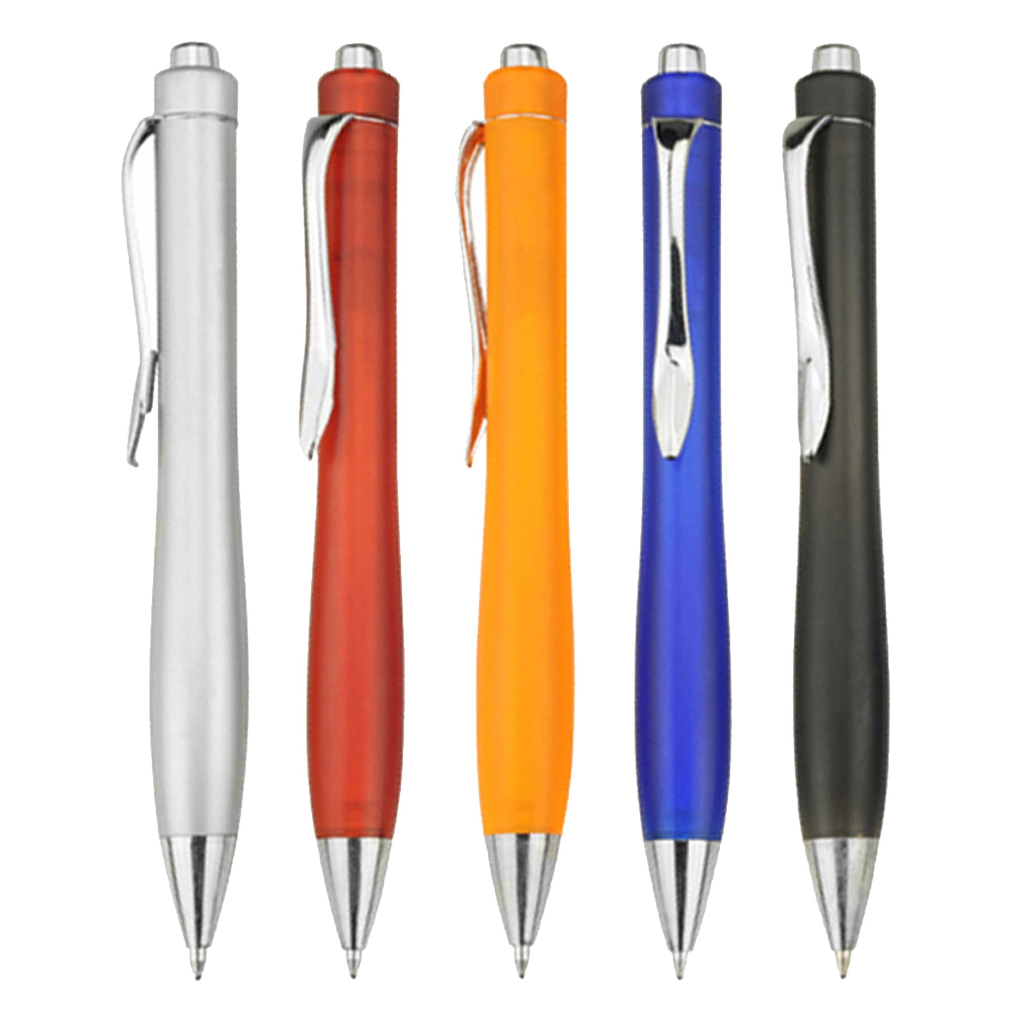 Five plastic pens in silver, red, orange, blue, and black, each with a metal clip and a logo. Elite - Image 1