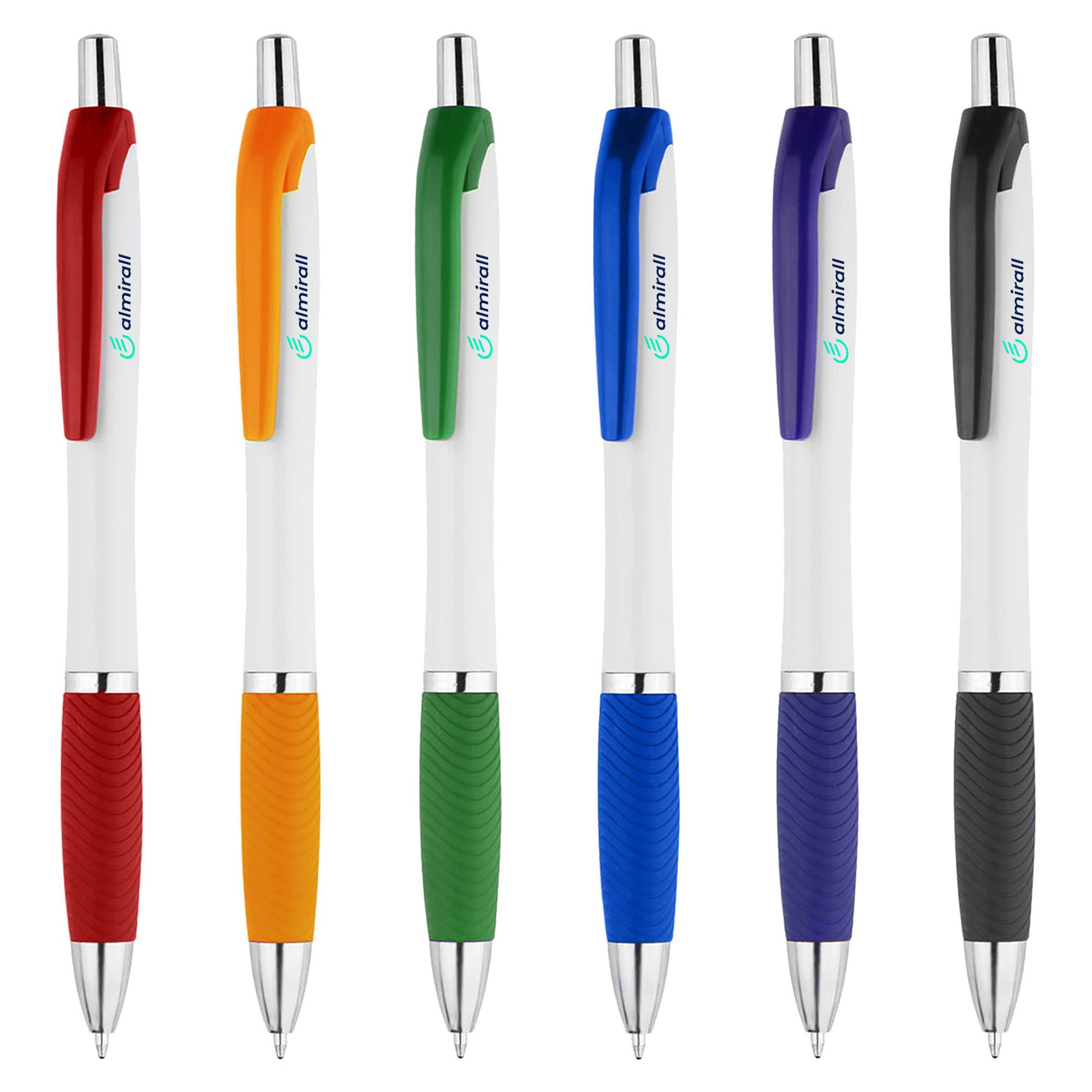 A collection of six plastic pens in orange, green, yellow, blue, purple, and black, featuring a textured grip and logo. Shield - Image 1