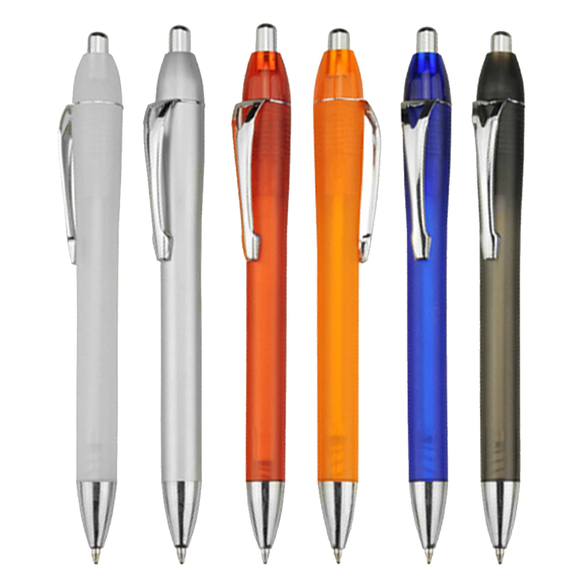 A collection of six plastic pens in silver, orange, blue, grey, and clear, featuring chrome accents and clips. Dart - Image 1