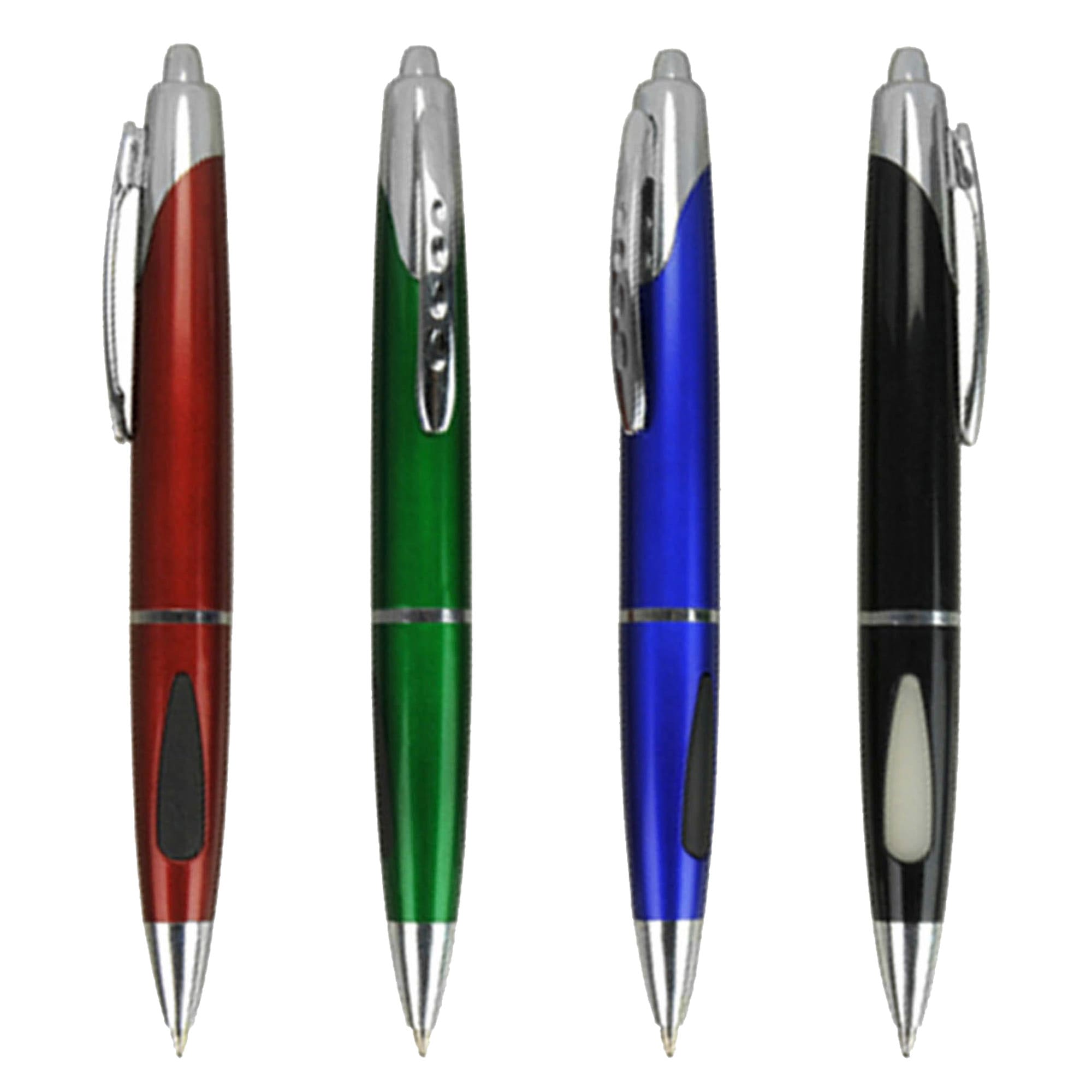A selection of four plastic pens in red, green, blue, and black, featuring chrome accents and clips. Foil - Image 1