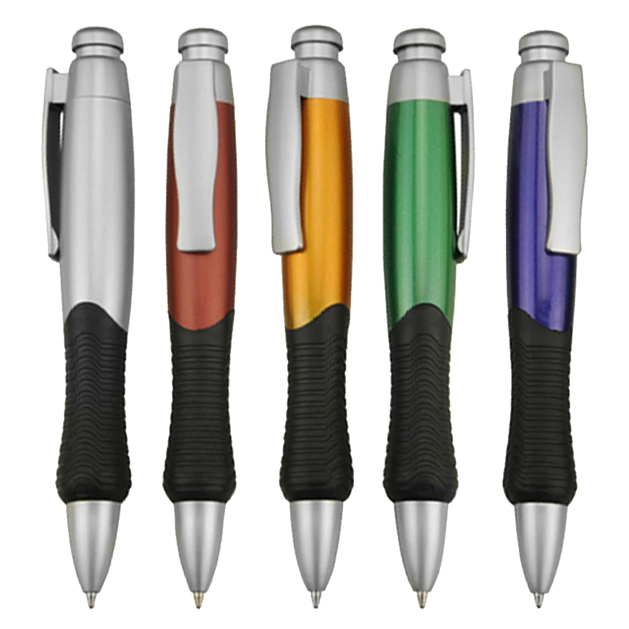 A collection of five plastic pens in silver, brown, orange, green, and purple with ergonomic grips. Each pen has a logo. Headway - Image 1