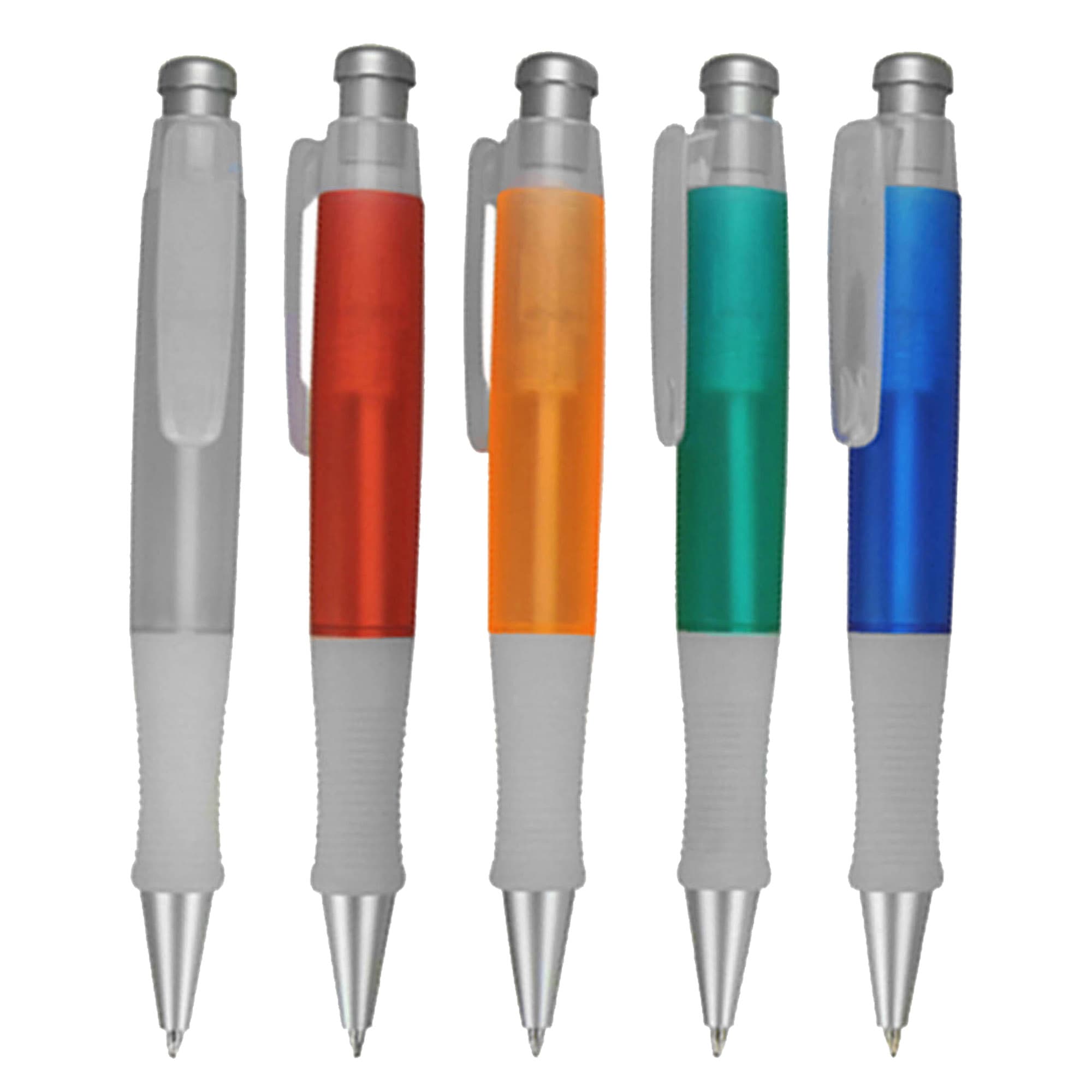 A set of five plastic pens in grey, red, orange, green, and blue, featuring a grip and a clip. Each pen has a logo. Planet - Image 1