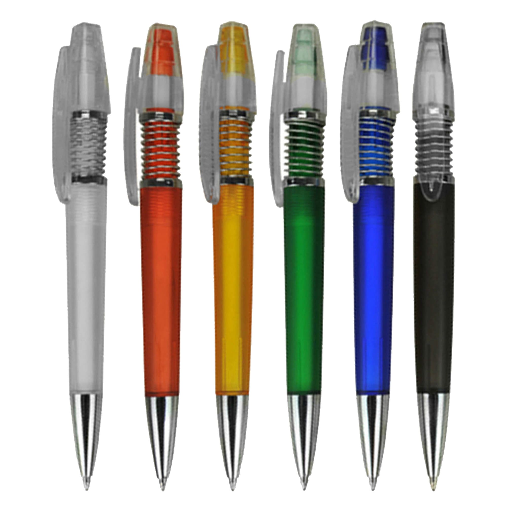 A set of six plastic pens in clear, orange, green, blue, and black, featuring a logo on each pen. Shimmer - Image 1
