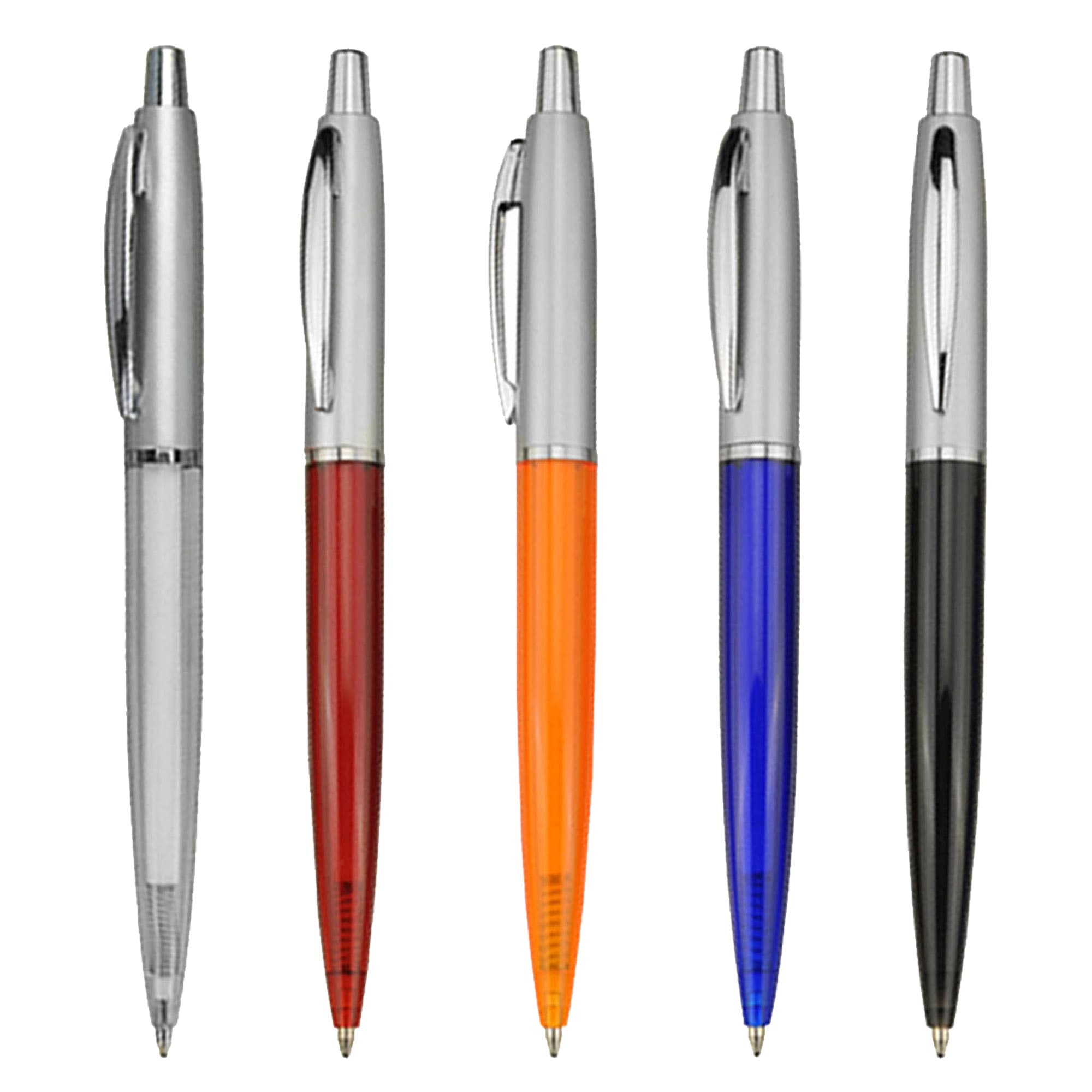 A set of five plastic pens in silver, red, orange, blue, and black, featuring a logo on each. Glitz - Image 1