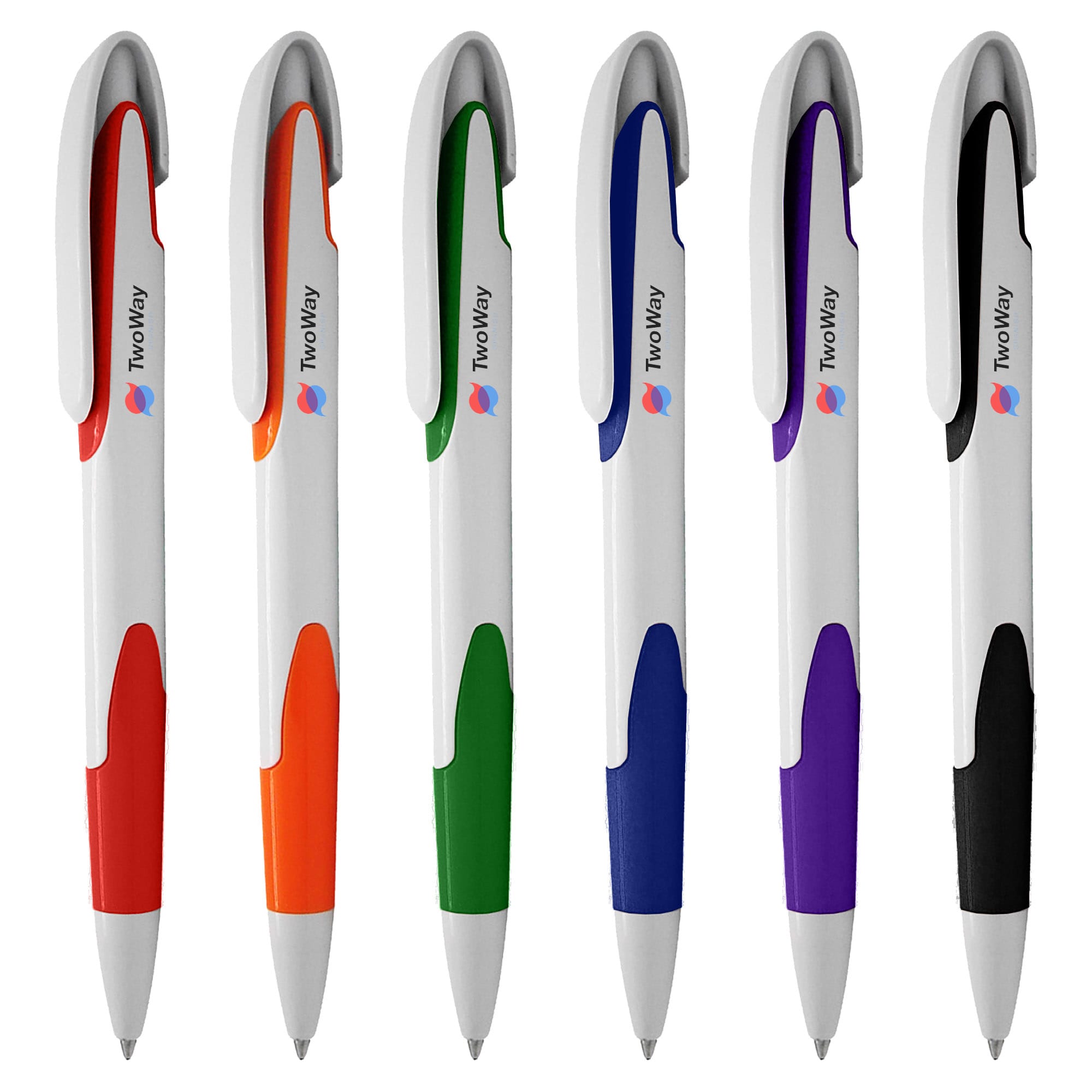 Six plastic pens in white with coloured accents, featuring orange, green, black, purple, and red. Each pen has a logo. Keely White - Image 1