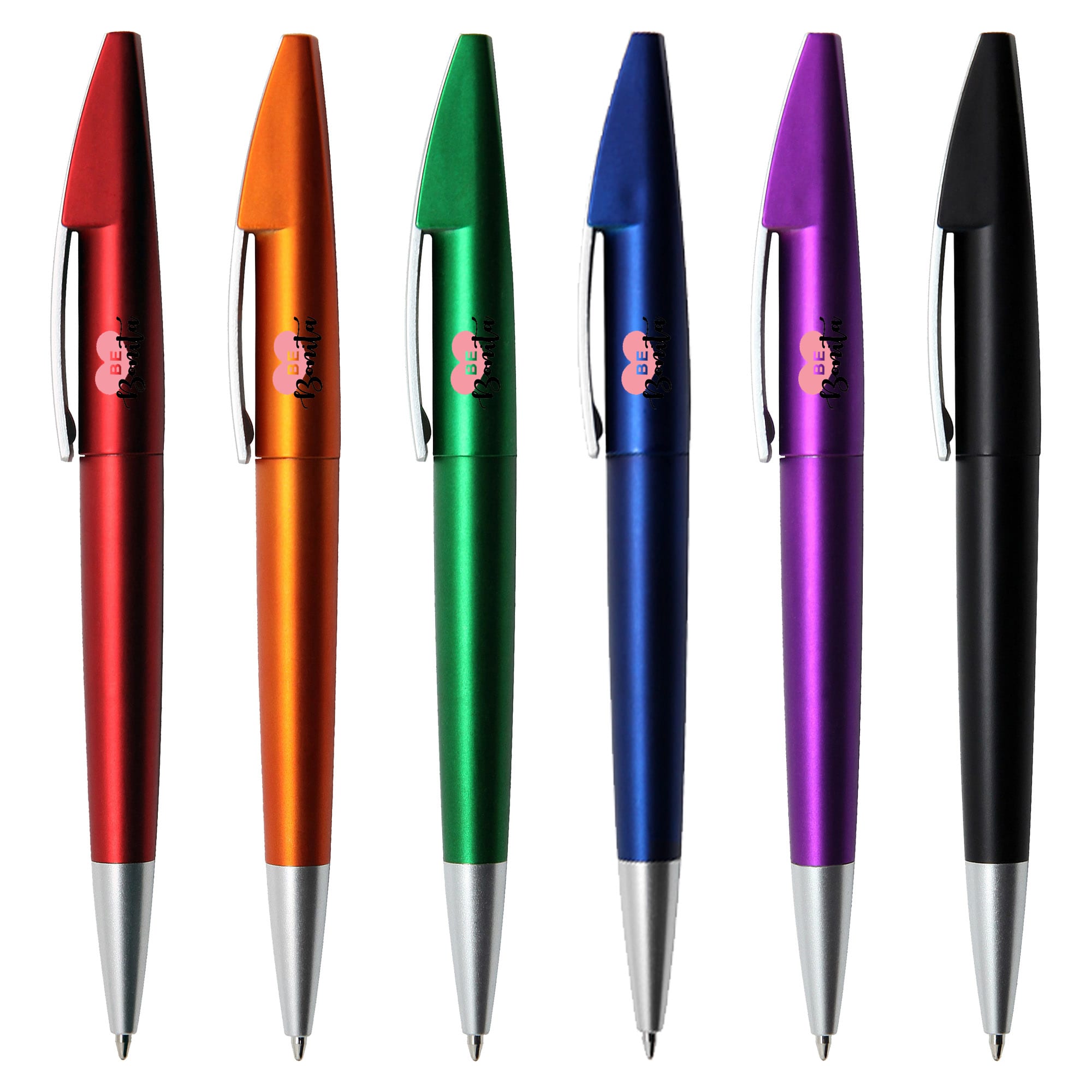 A collection of six plastic pens in metallic colours: orange, green, blue, purple, and black, each with a silver accent and branding. Shark Metallic - Image 1