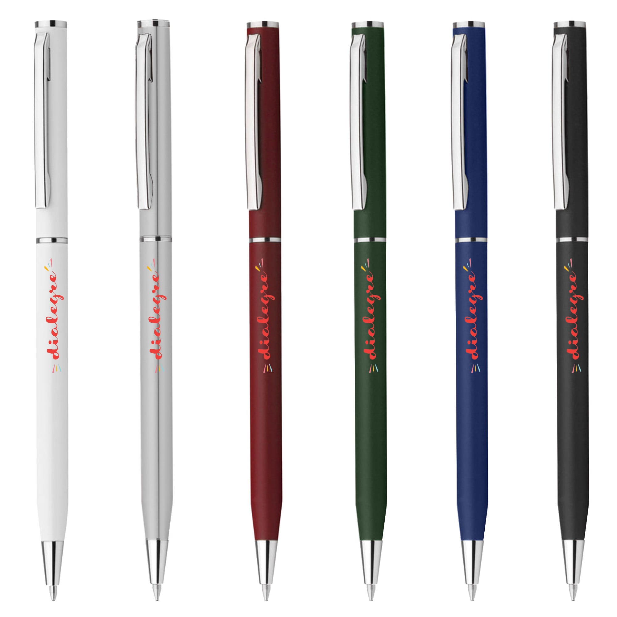 A set of six plastic pens in white, silver, burgundy, green, blue, and black, featuring a logo on each pen. Berlino Plastic - Image 1
