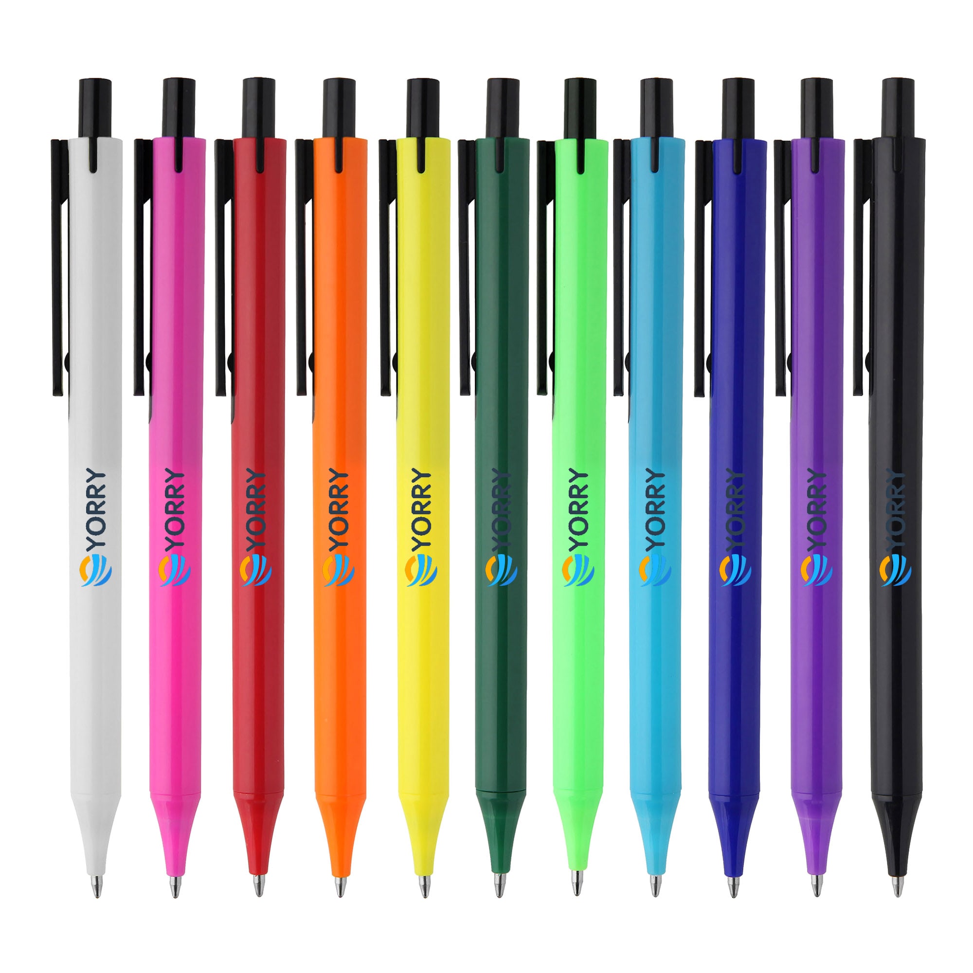A collection of plastic pens in various colours, including white, red, pink, orange, green, blue, and purple, featuring branding. York - Image 1