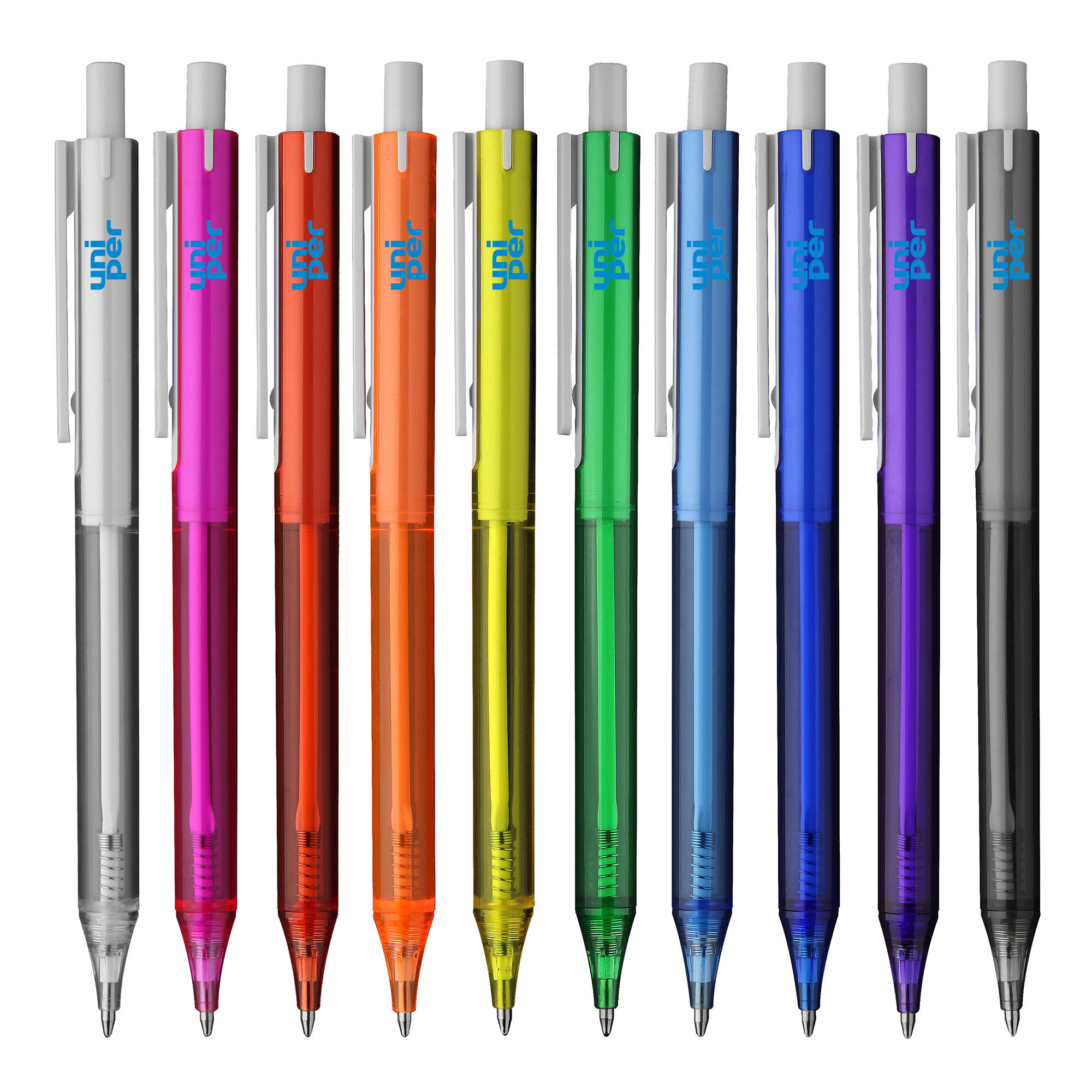 A collection of plastic pens in various vibrant colours, featuring a logo on each pen. York Trans - Image 1