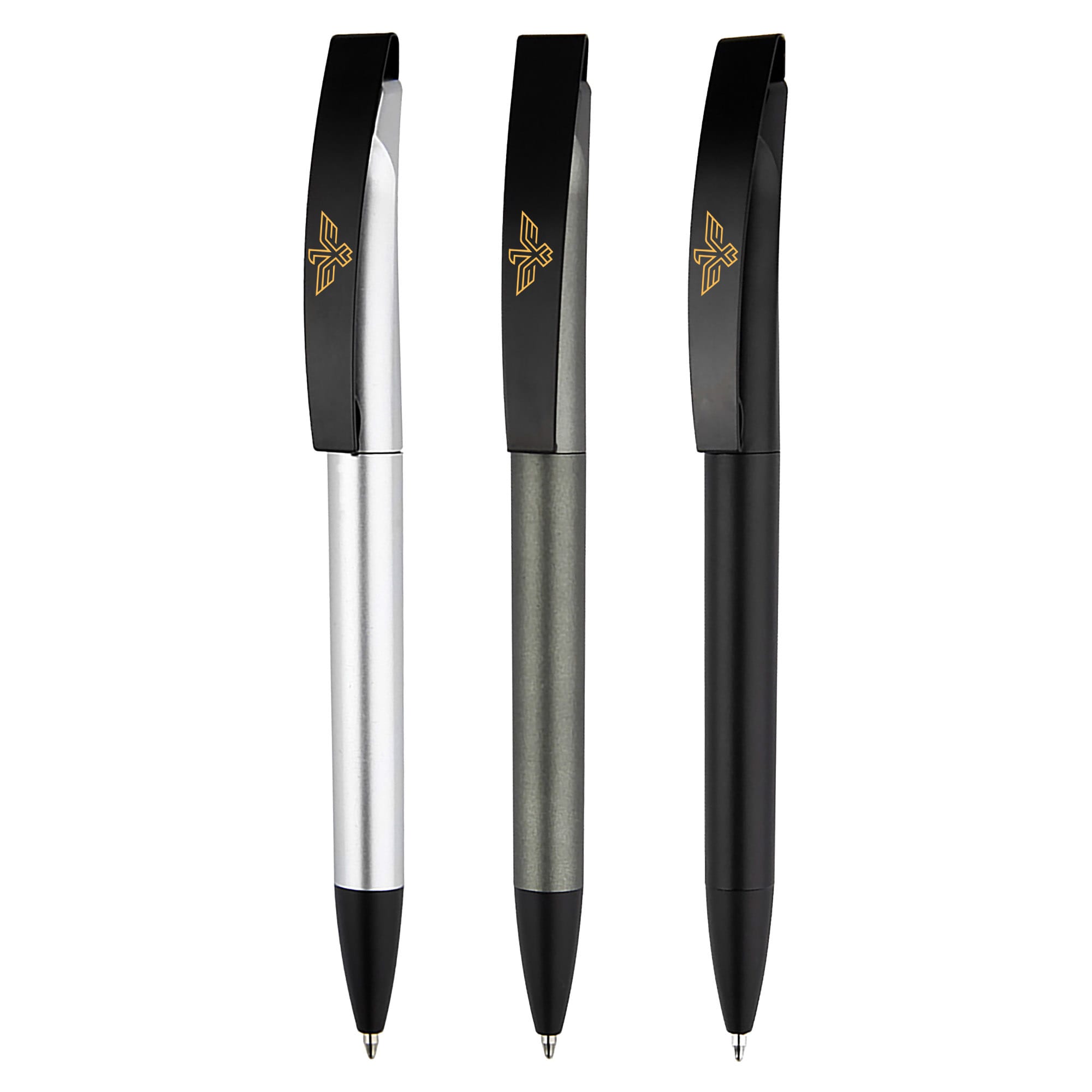 Three plastic pens in silver, grey, and black, featuring a logo on the clip. Future Matt - Image 1