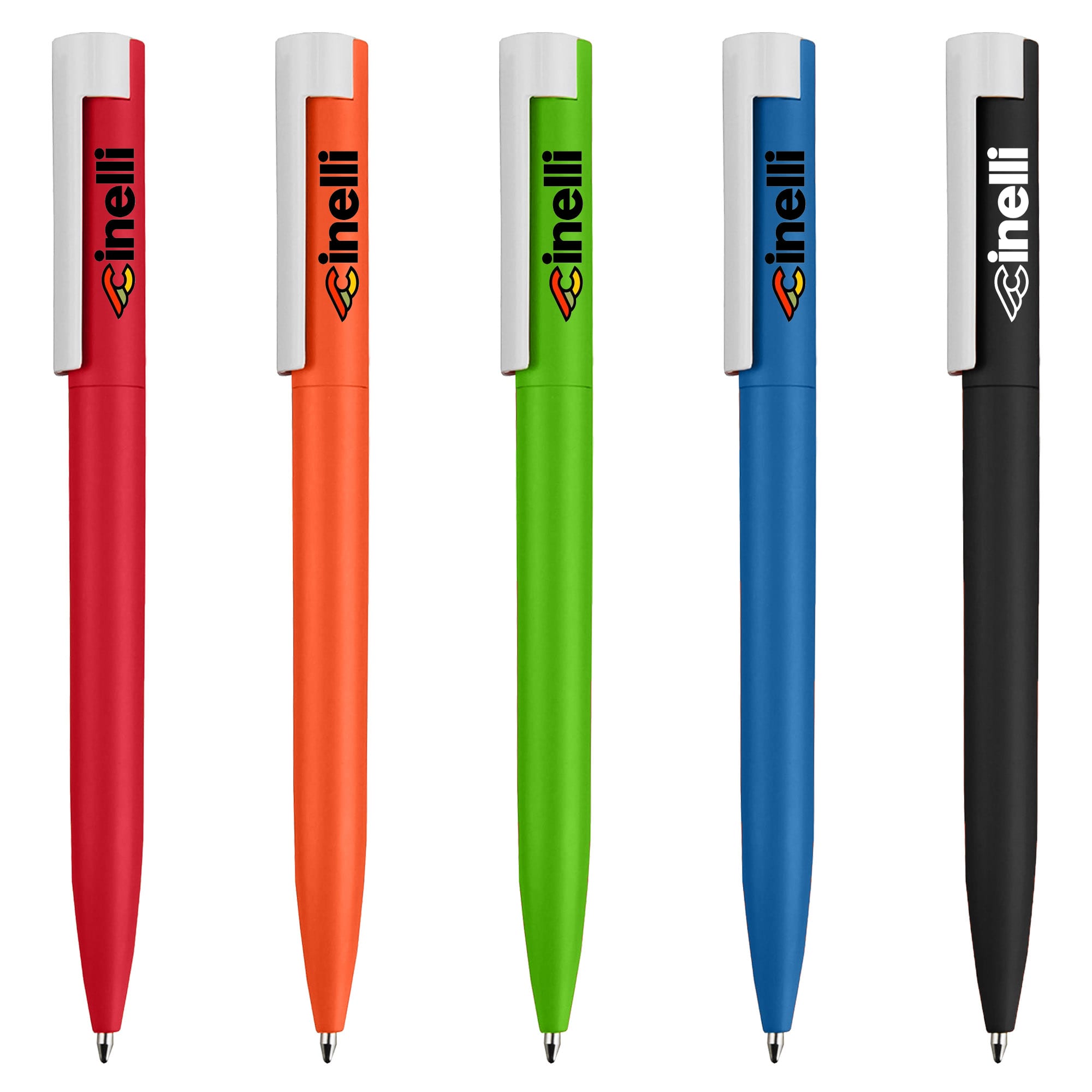 A set of five pens in red, orange, green, blue, and black, featuring a logo on the clip. Whirl - Image 1