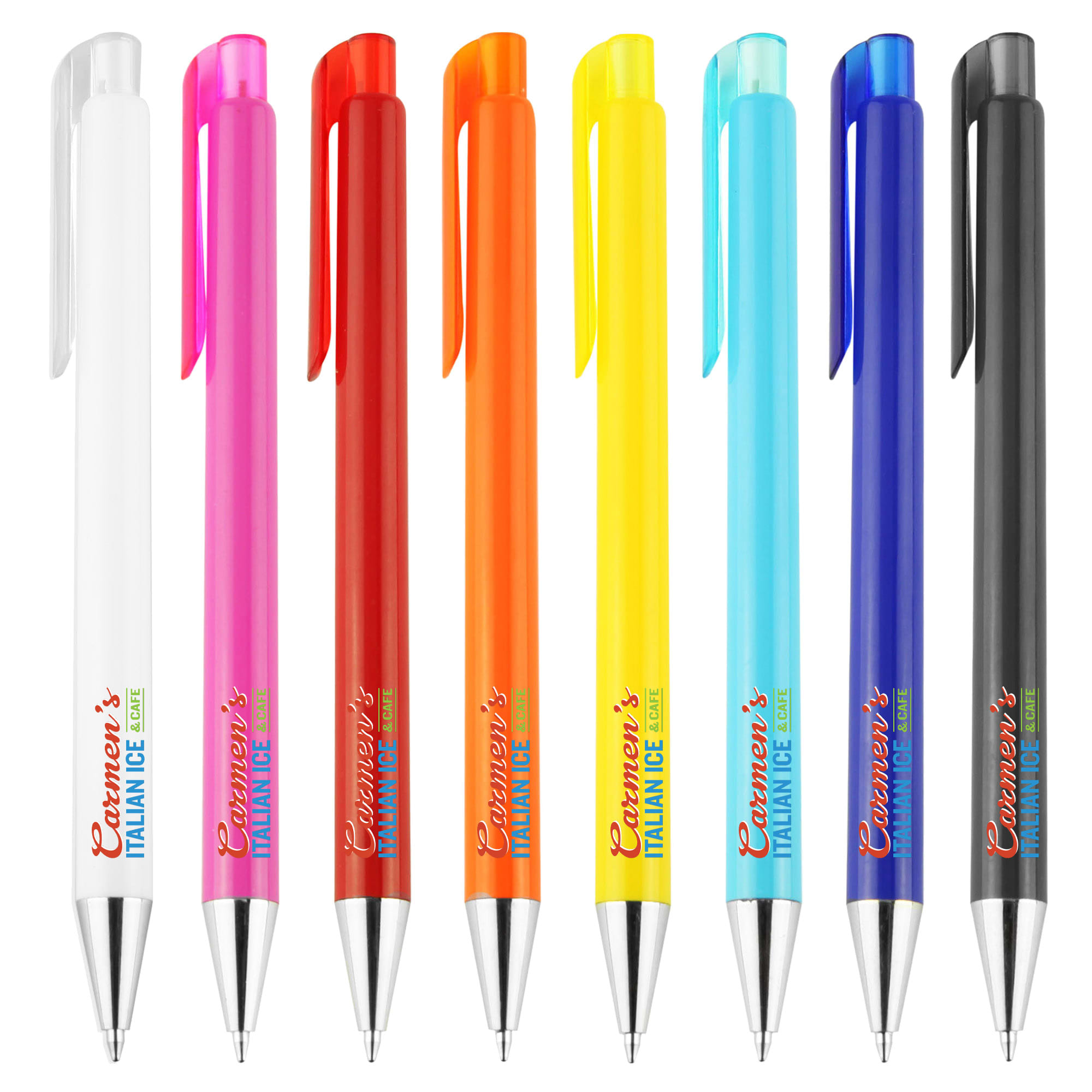 A collection of eight plastic pens in white, pink, orange, yellow, blue, and black with a logo. Zone - Image 1