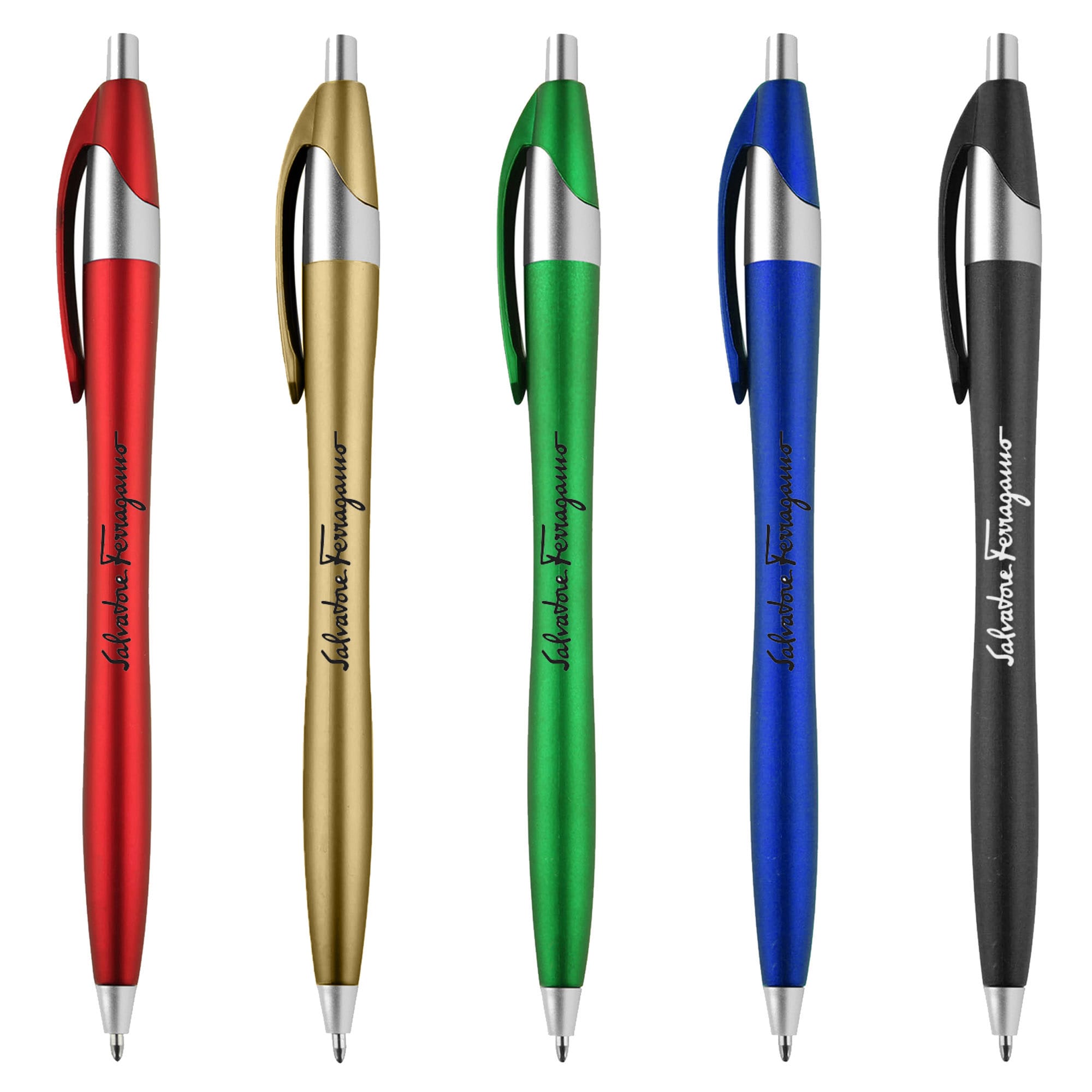 Five metallic plastic pens in red, gold, green, blue, and black, each with a clip and branding. Oracle Metallic - Image 1