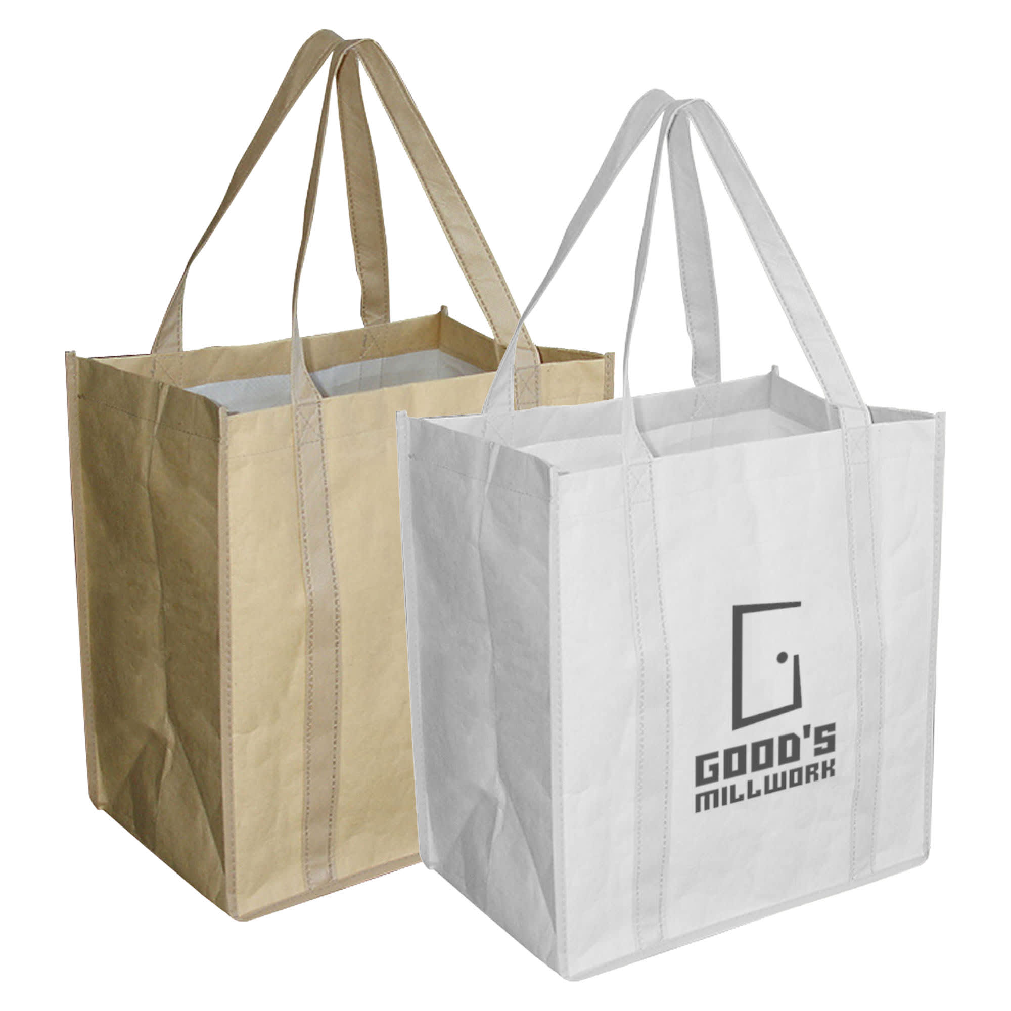 Two paper shopping bags, one in natural brown and one in white, each with a logo on the front. Paper Shopping Bag - Image 1