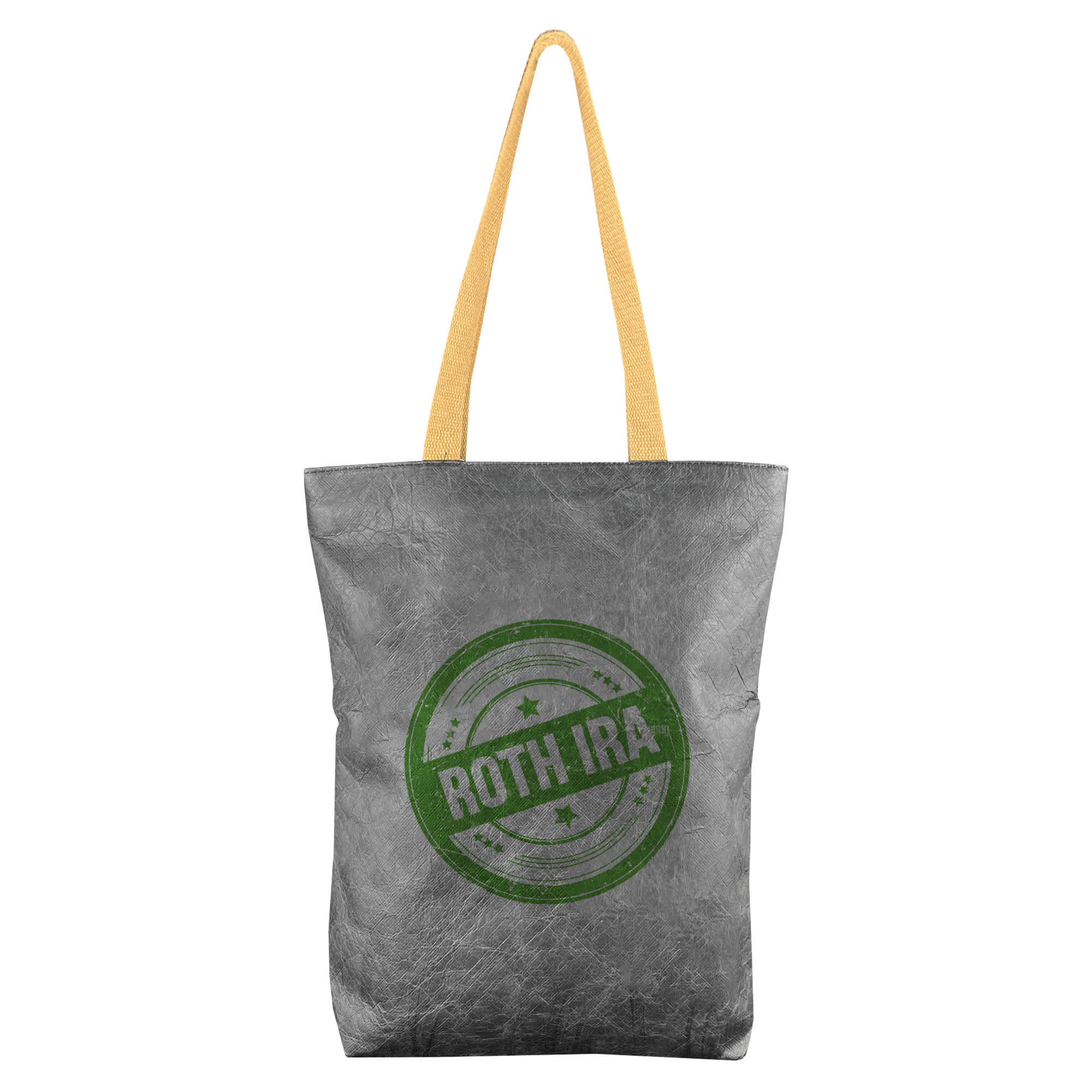 A grey Tyvek paper tote bag with a yellow handle and a circular logo. Tyvek Paper Shopper - Image 1
